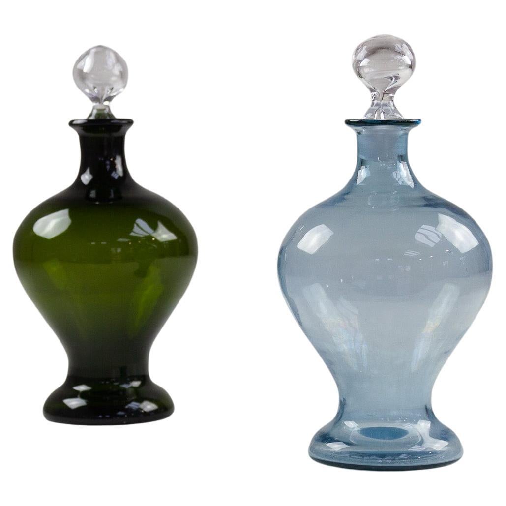 Danish Art Deco Blue and Green Glass Decanters, 1930s, Set of 2 For Sale