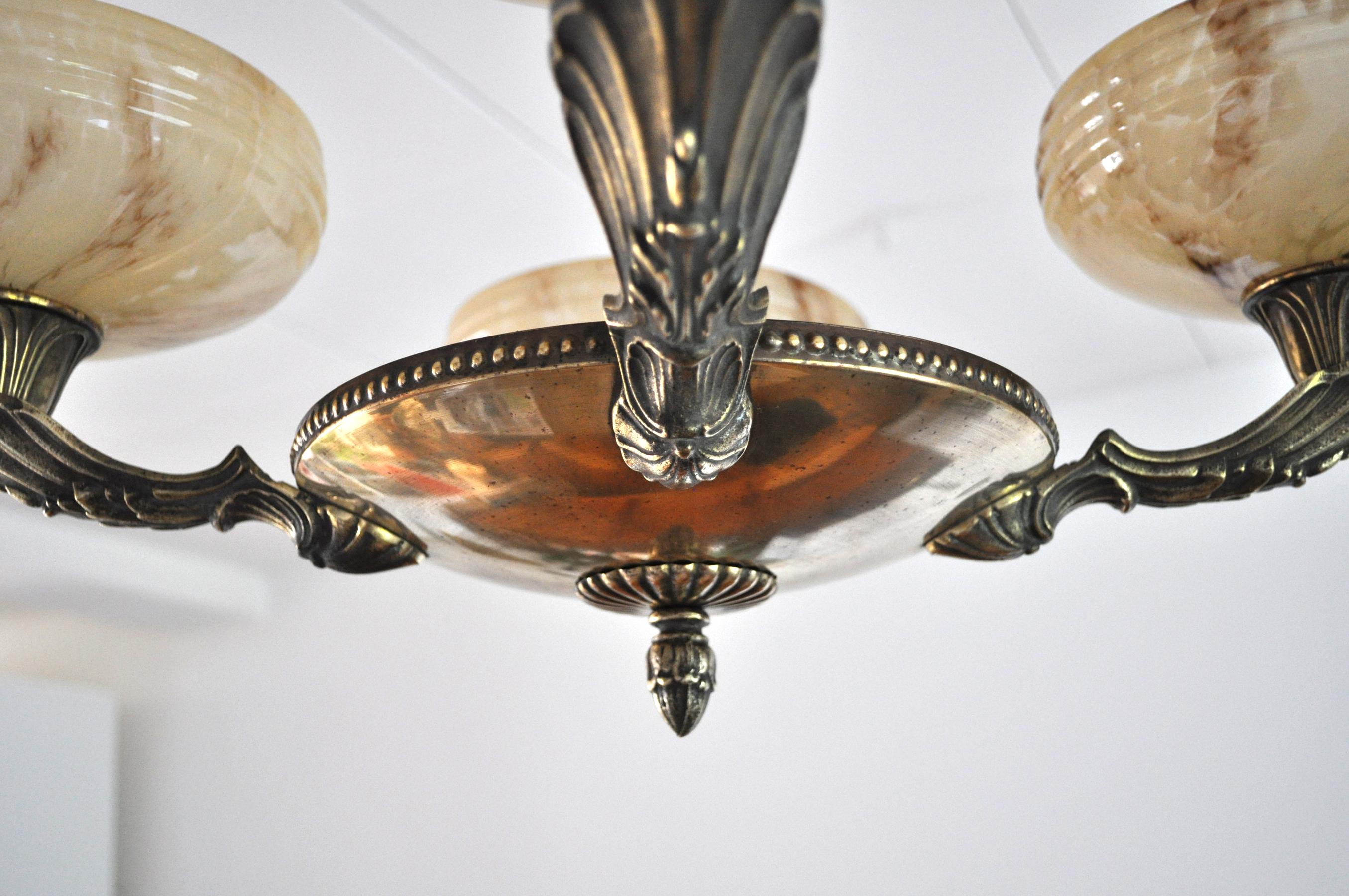 Danish Art Deco Brass and Opaline Glass Chandelier, 1930s 5