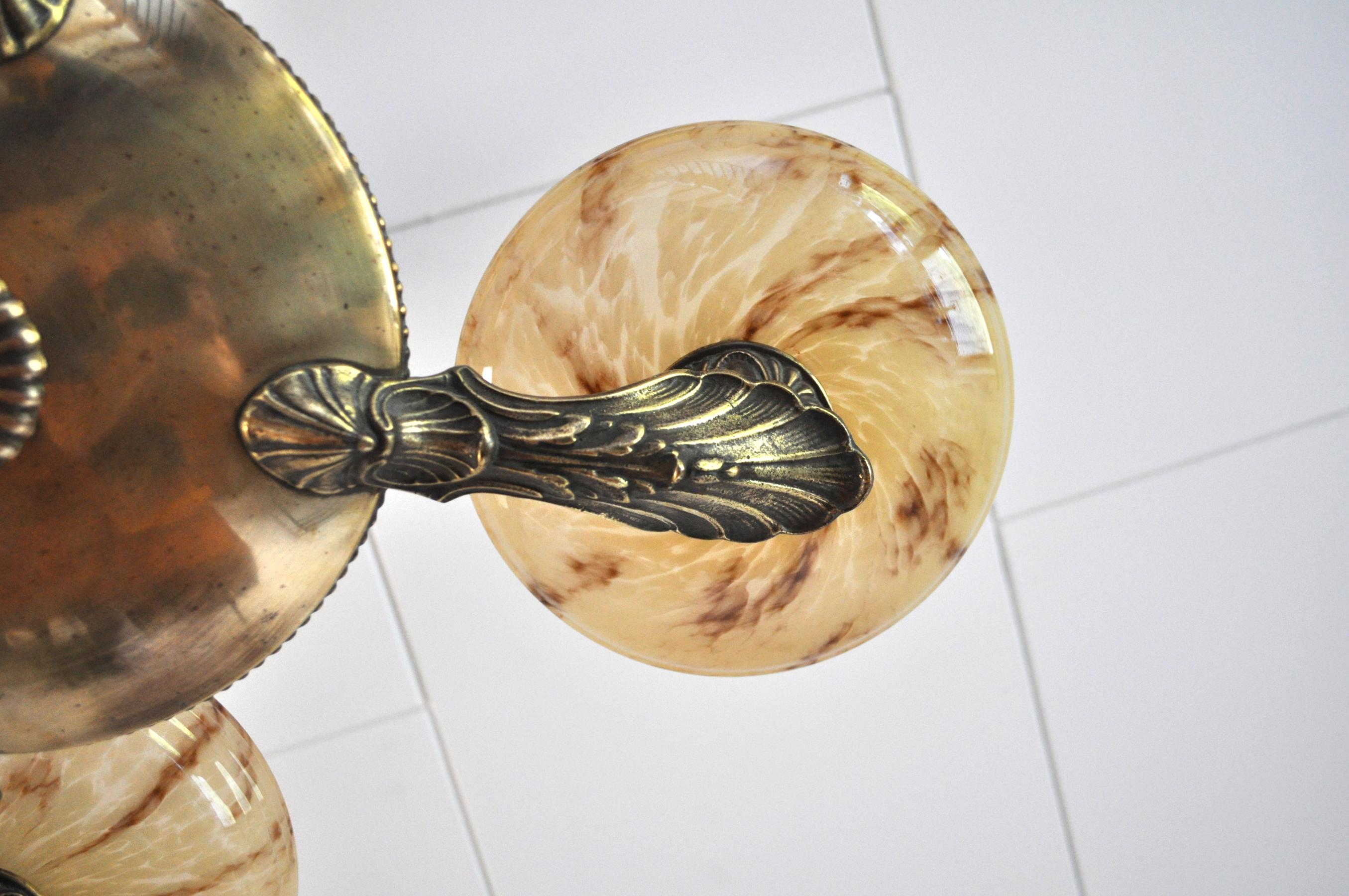 20th Century Danish Art Deco Brass and Opaline Glass Chandelier, 1930s