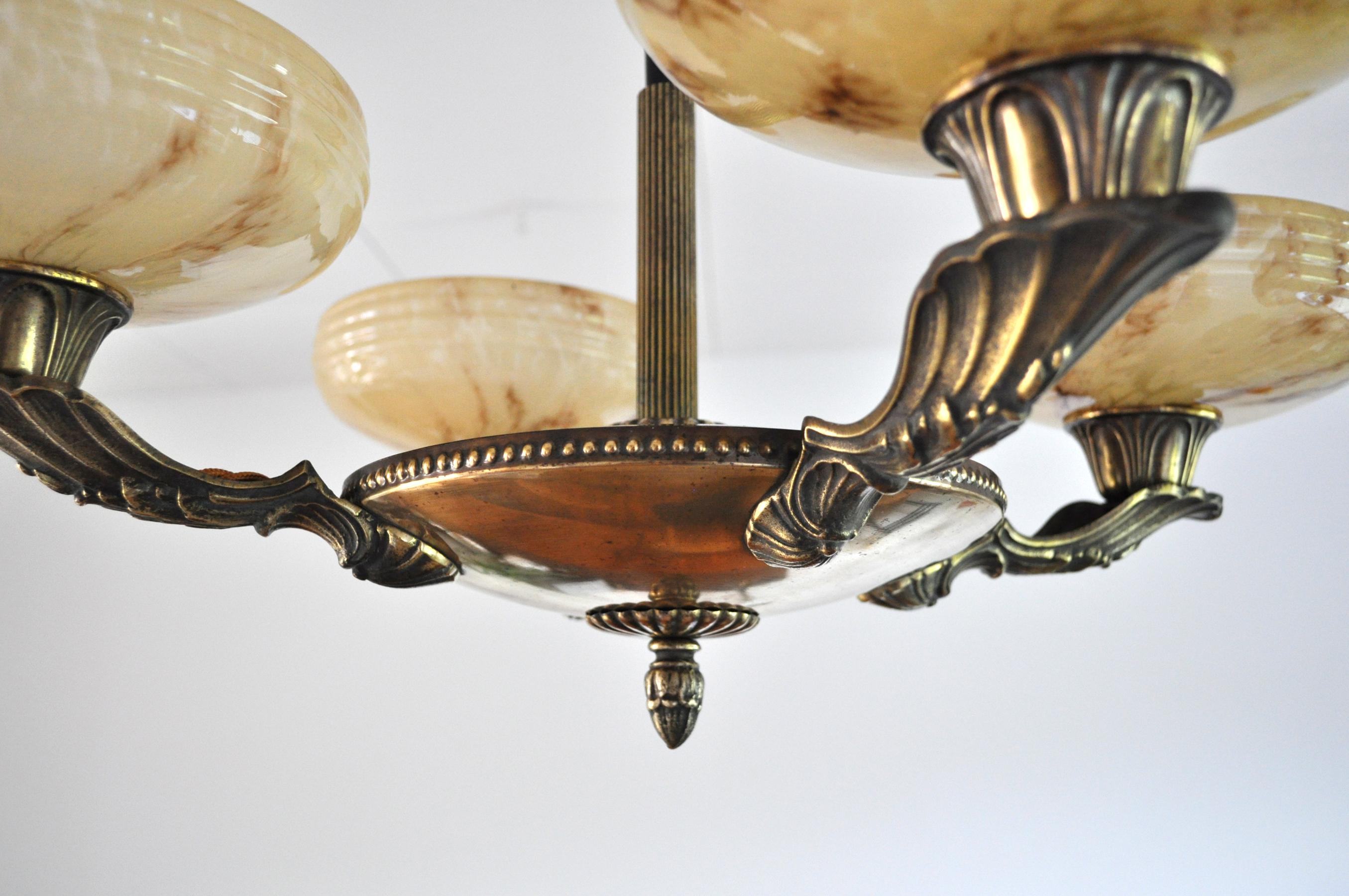 Danish Art Deco Brass and Opaline Glass Chandelier, 1930s 1