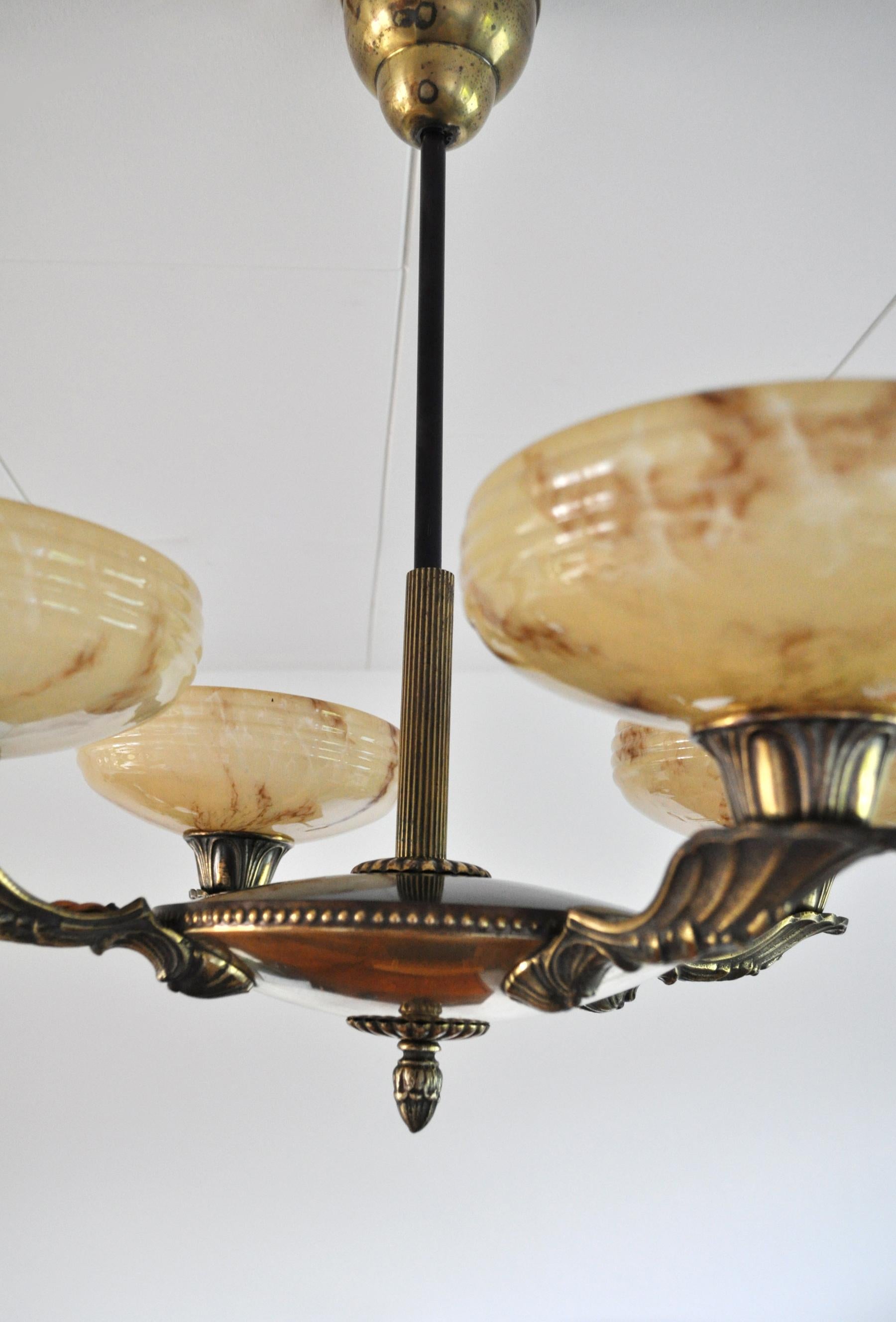 Danish Art Deco Brass and Opaline Glass Chandelier, 1930s 3