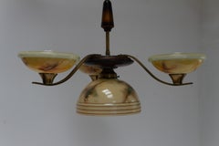 Danish Art Deco Brass Chandelier with Marbled Opaline Shades, 1930s.