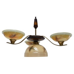 Danish Art Deco Brass Chandelier with Marbled Opaline Shades, 1930s.