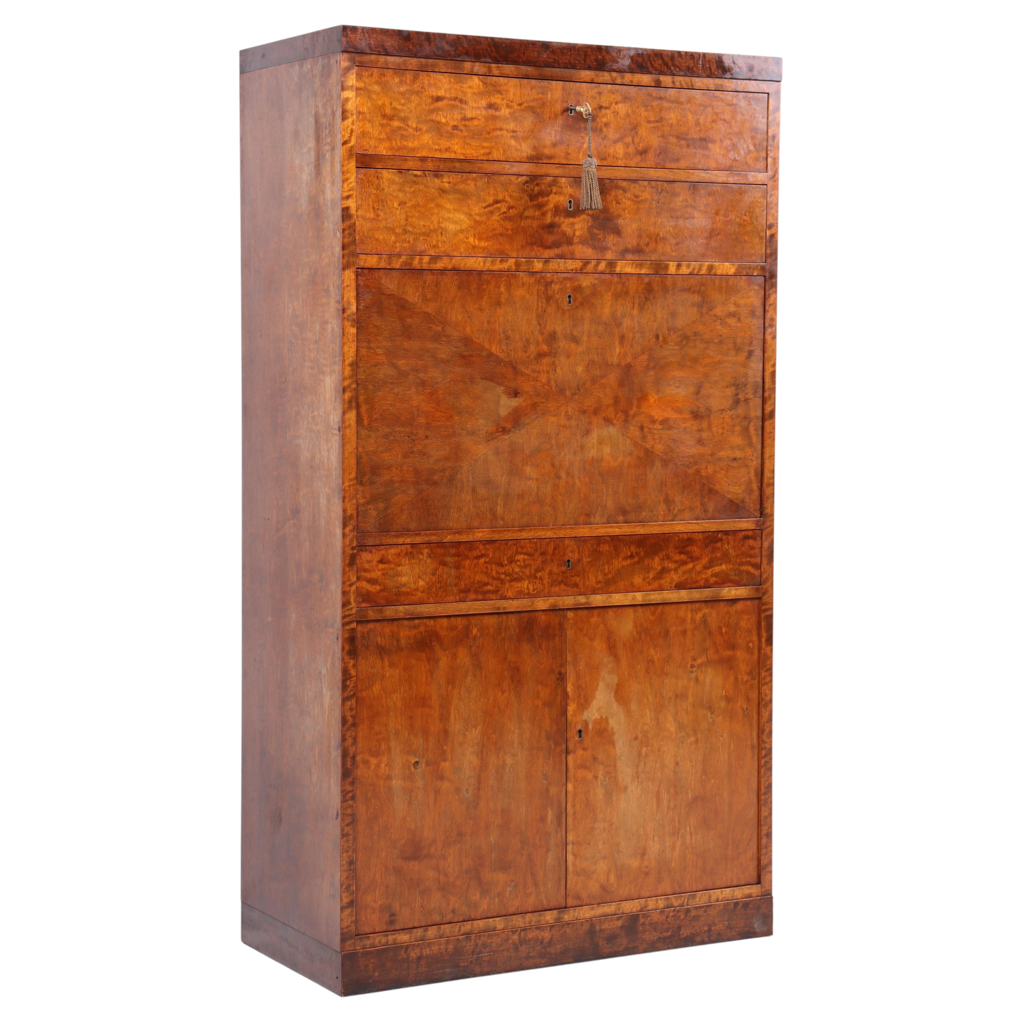 Danish Art Deco Bureau in Flame Birch with Fall-Front Writing Surface, 1930s