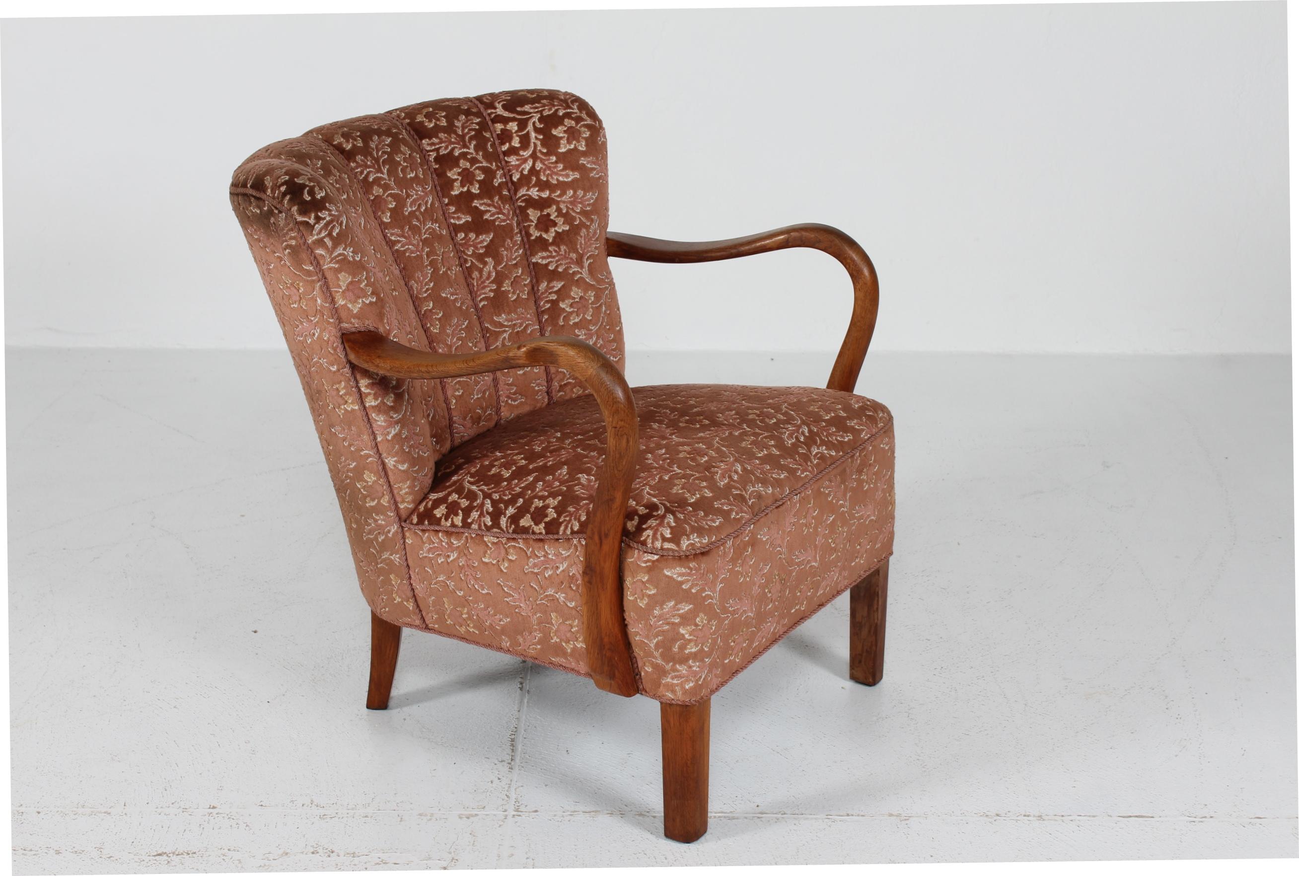 Fabric Danish Art Deco Club Chair in Viggo Boesen Style with Floral Velvet 1940s For Sale