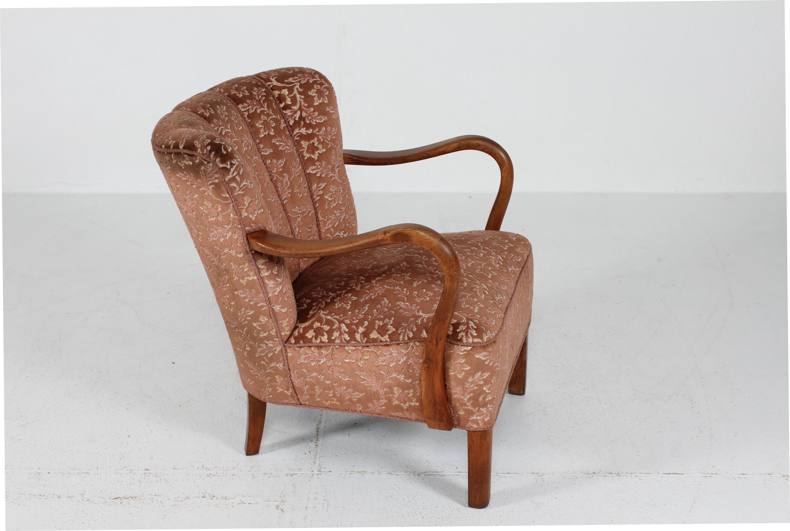 Danish Art Deco Club Chair in Viggo Boesen Style with Floral Velvet 1940s For Sale 2