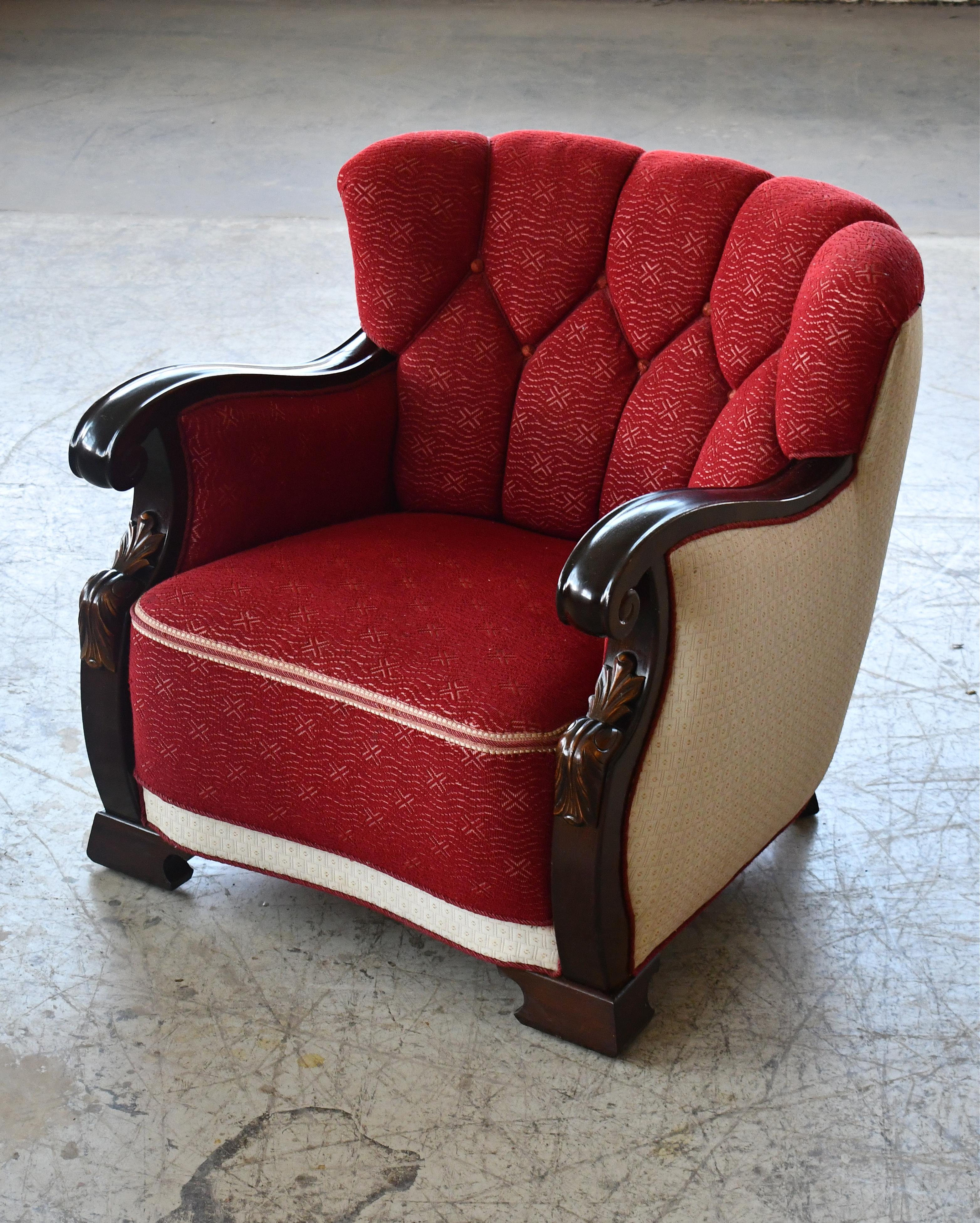 Mid-20th Century Danish Art Deco Club or Lounge Chairs with Carved Armrests 1930-40s For Sale