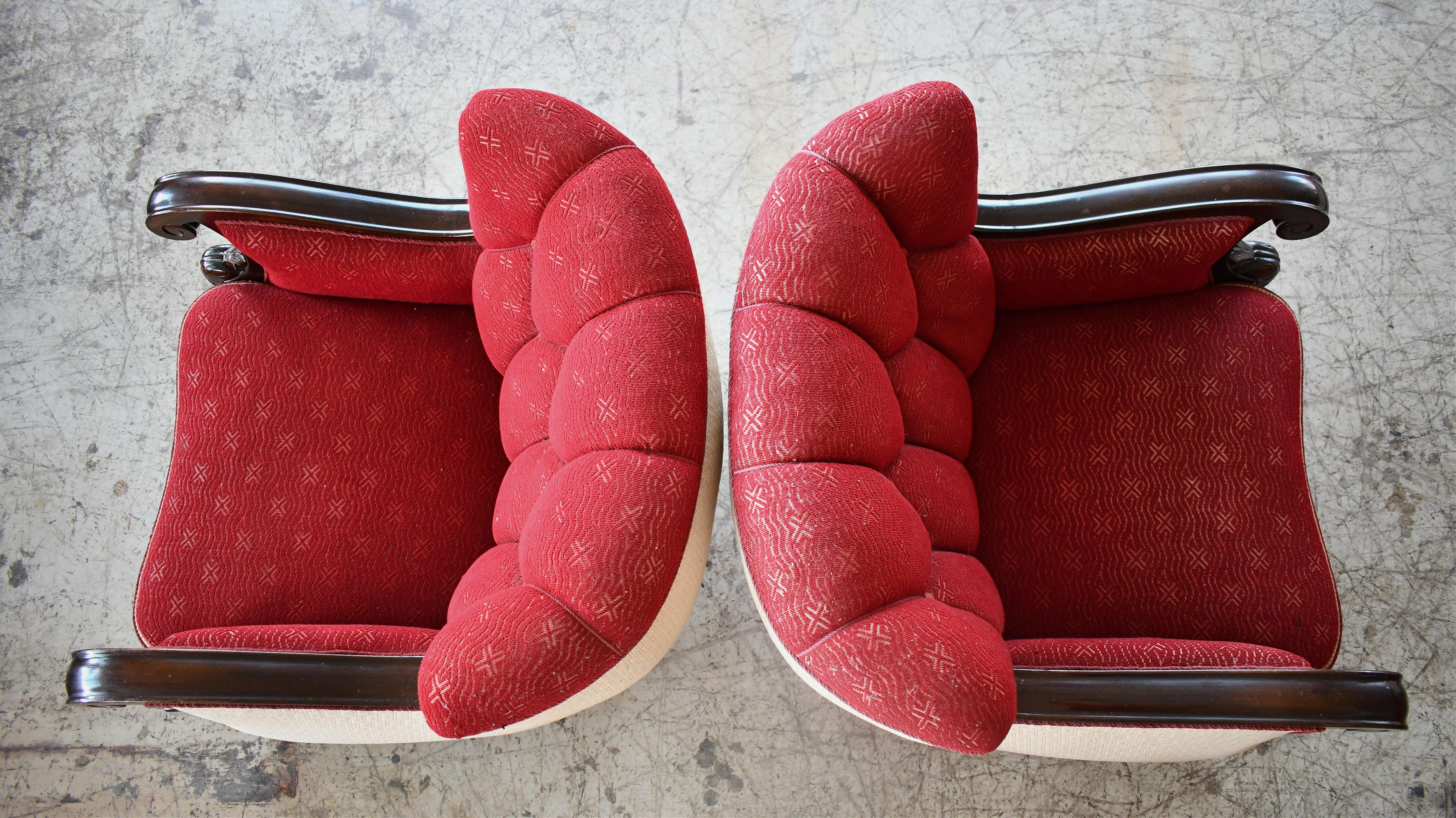 Danish Art Deco Club or Lounge Chairs with Carved Armrests 1930-40s For Sale 2
