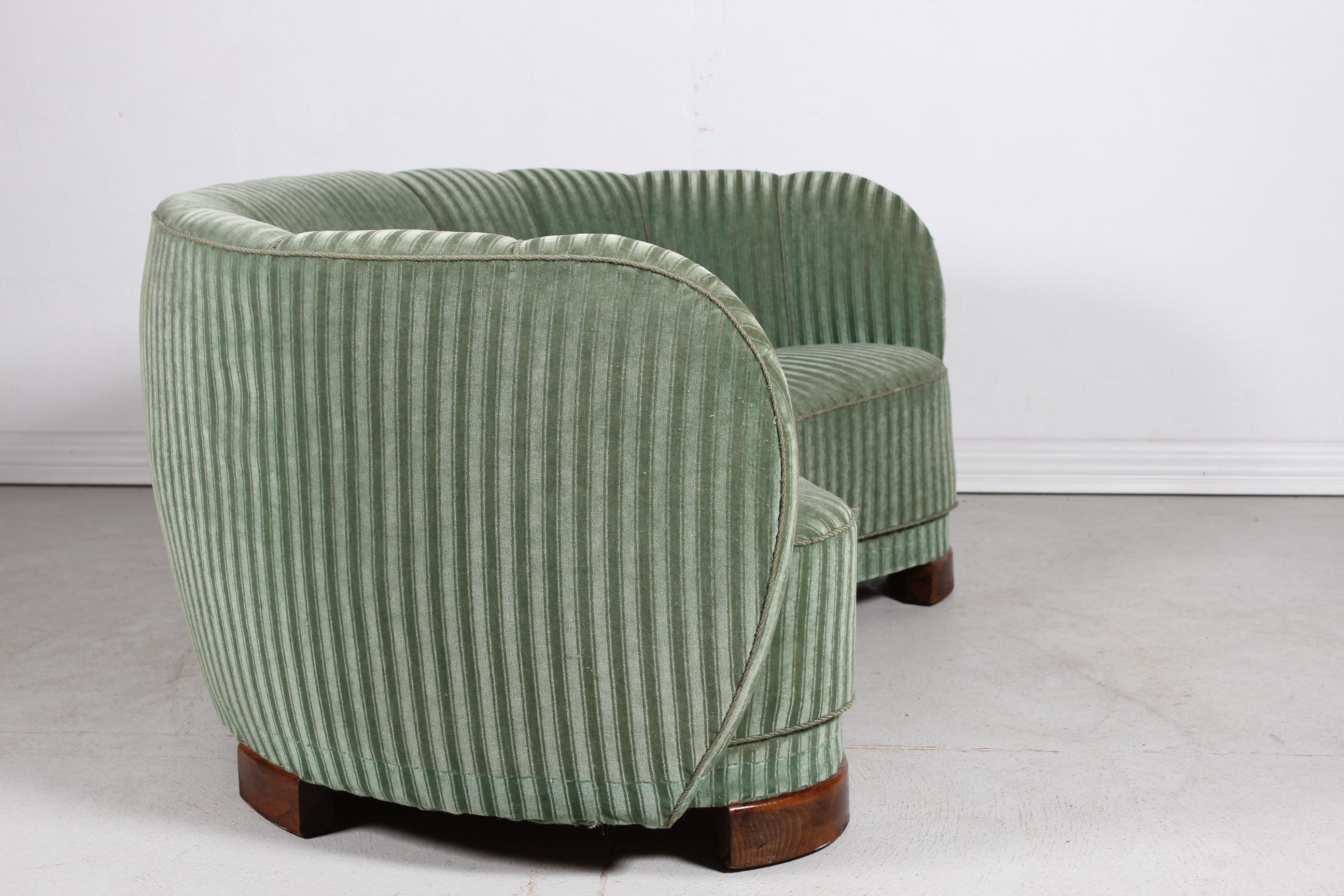 Danish Art Deco Curved Banana Sofa Upholstered with Green Striped Velour, 1940s 5