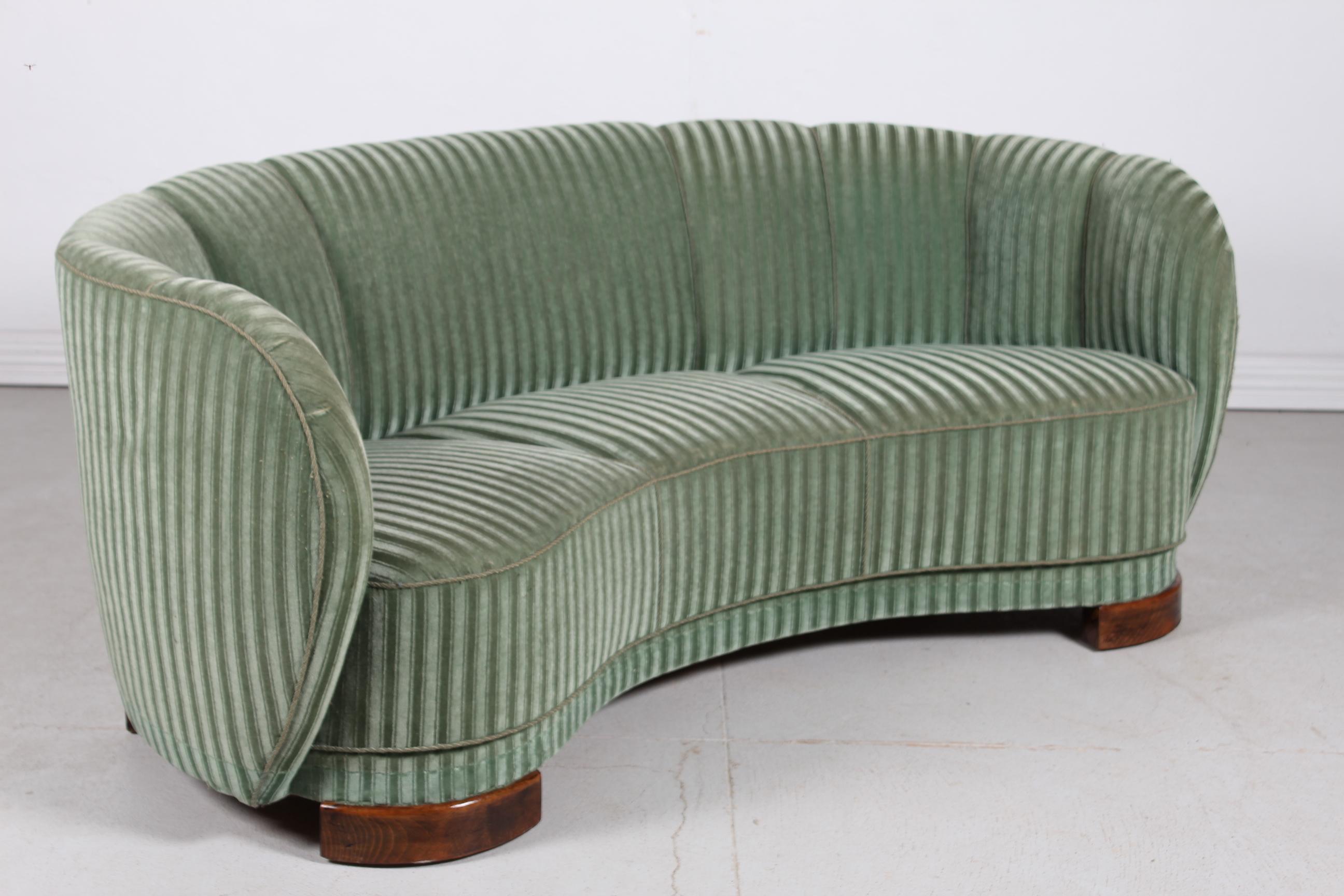 Danish Art Deco Curved Banana Sofa Upholstered with Green Striped Velour, 1940s 7