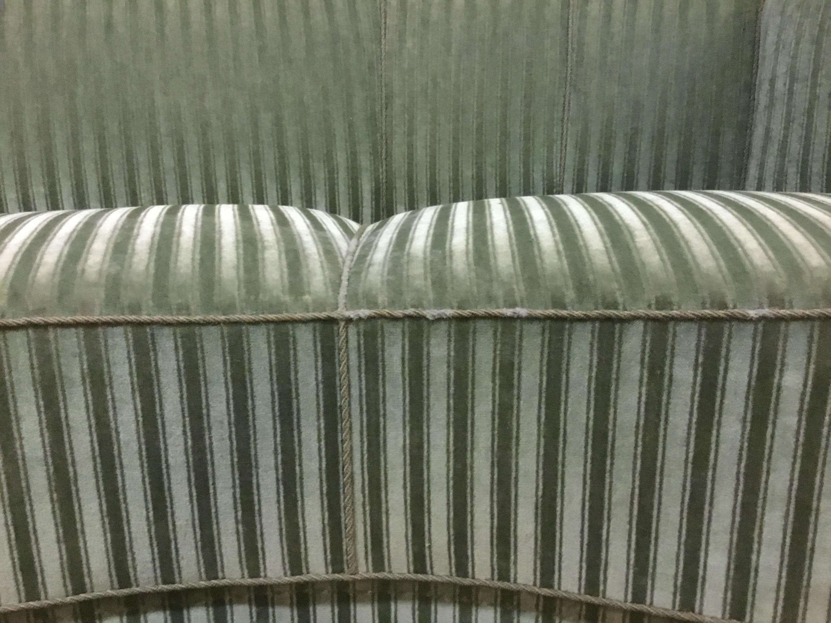 Danish Art Deco Curved Banana Sofa Upholstered with Green Striped Velour, 1940s 9