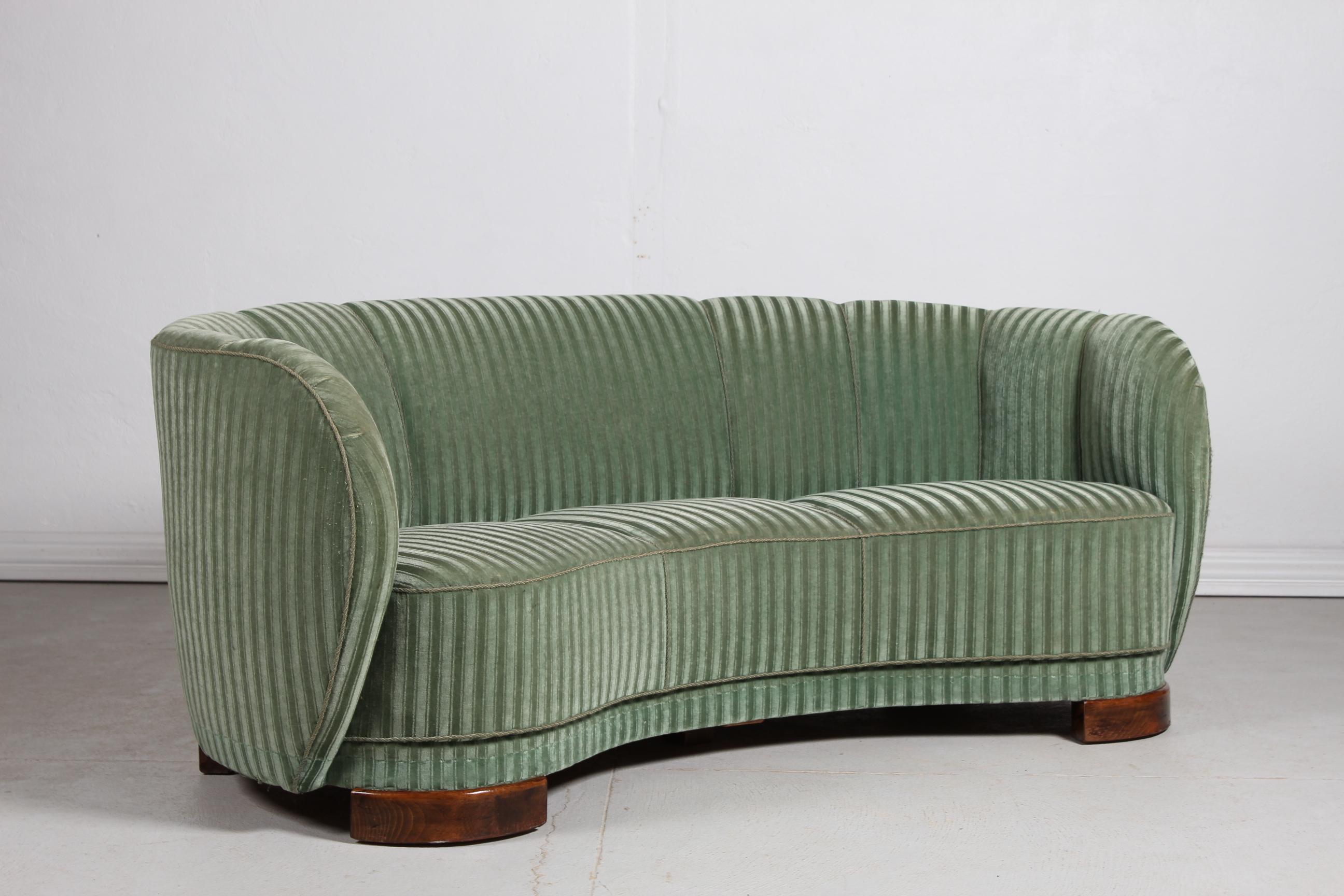 Mid-20th Century Danish Art Deco Curved Banana Sofa Upholstered with Green Striped Velour, 1940s