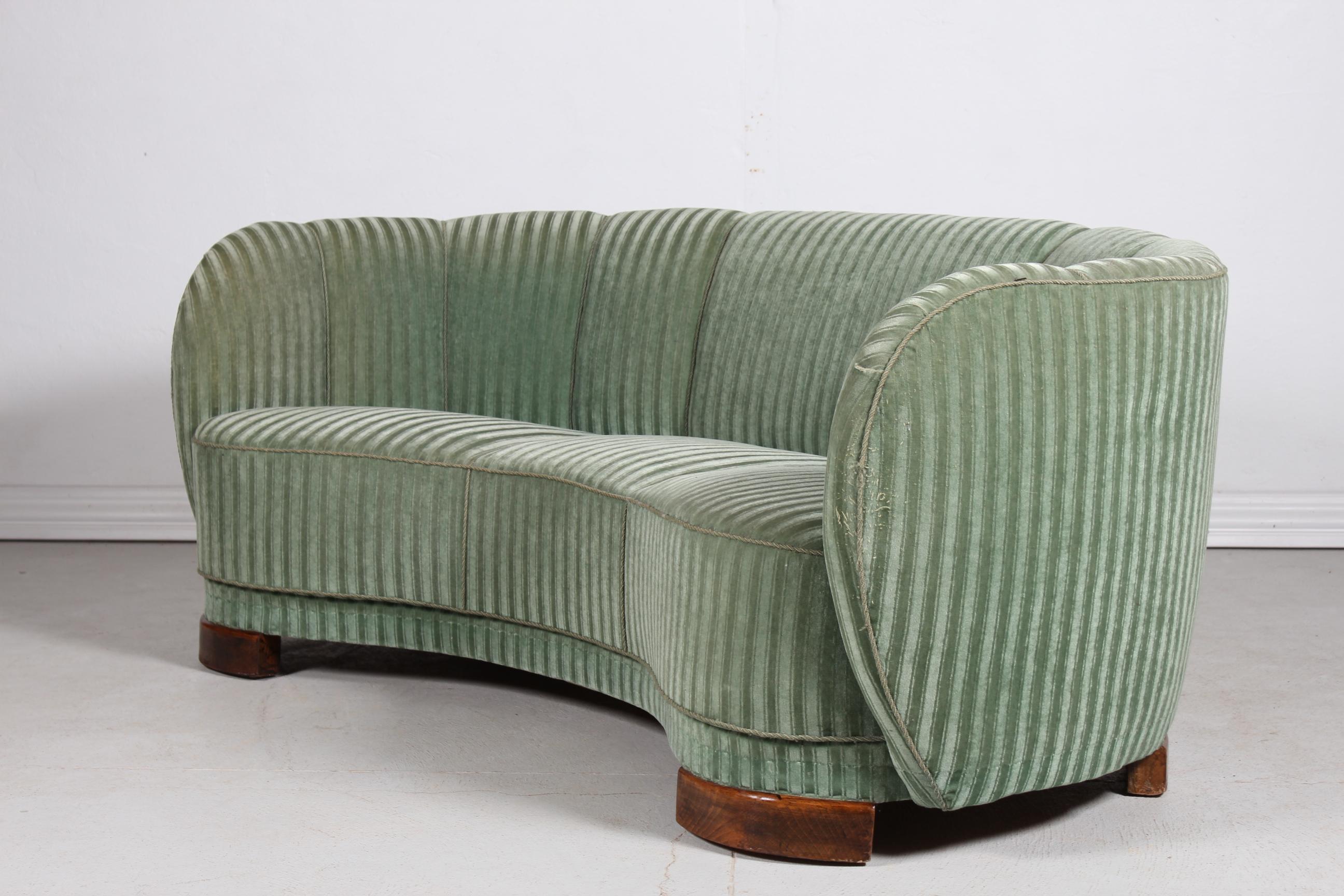 Fabric Danish Art Deco Curved Banana Sofa Upholstered with Green Striped Velour, 1940s