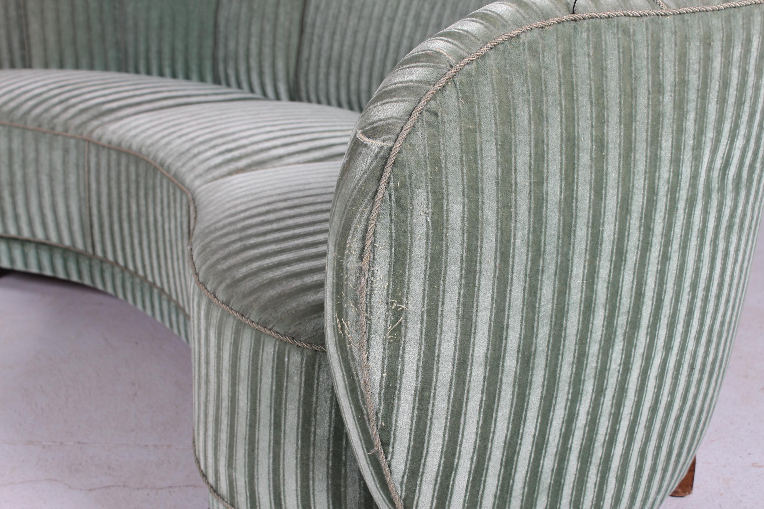 Danish Art Deco Curved Banana Sofa Upholstered with Green Striped Velour, 1940s 1