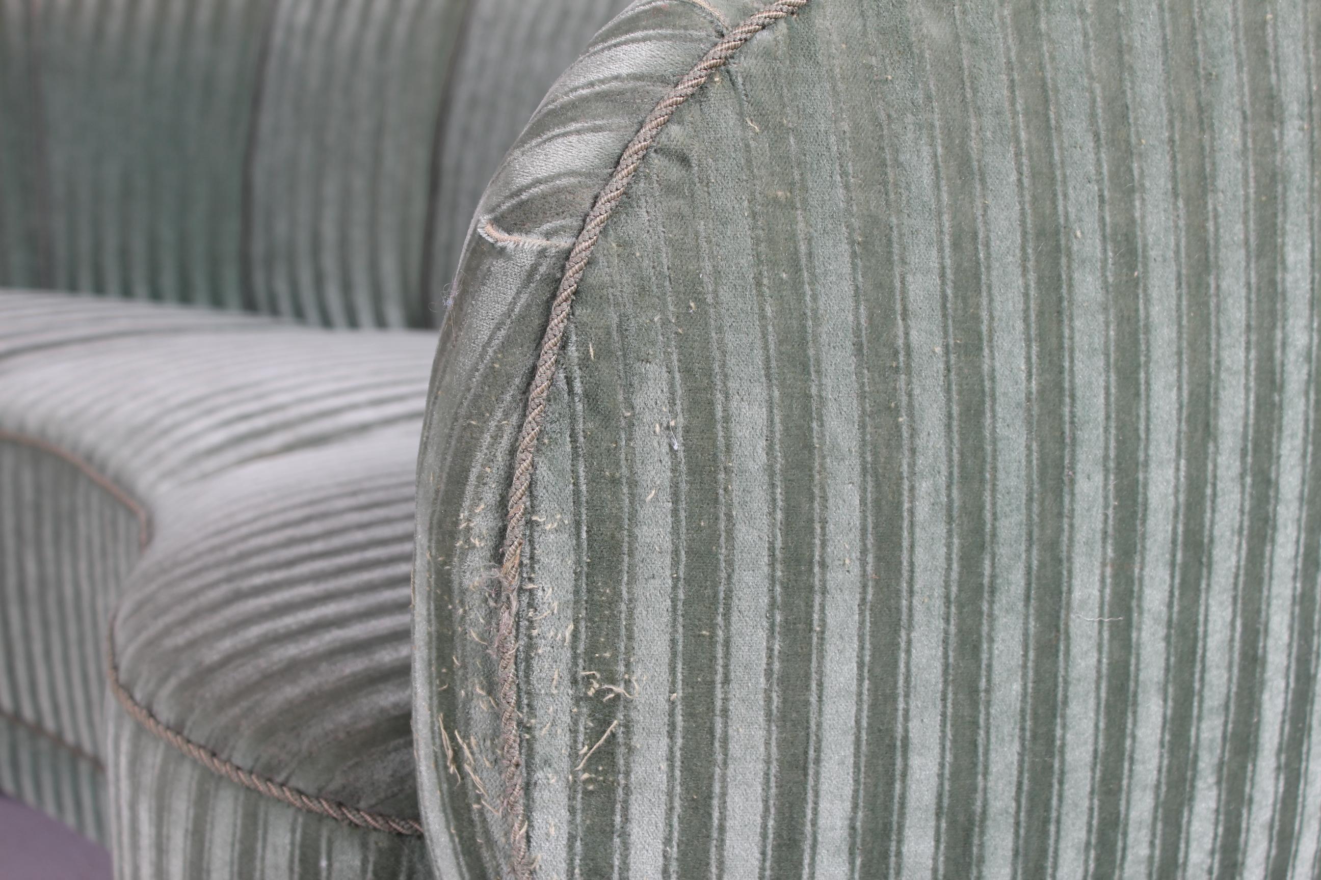 Danish Art Deco Curved Banana Sofa Upholstered with Green Striped Velour, 1940s 2