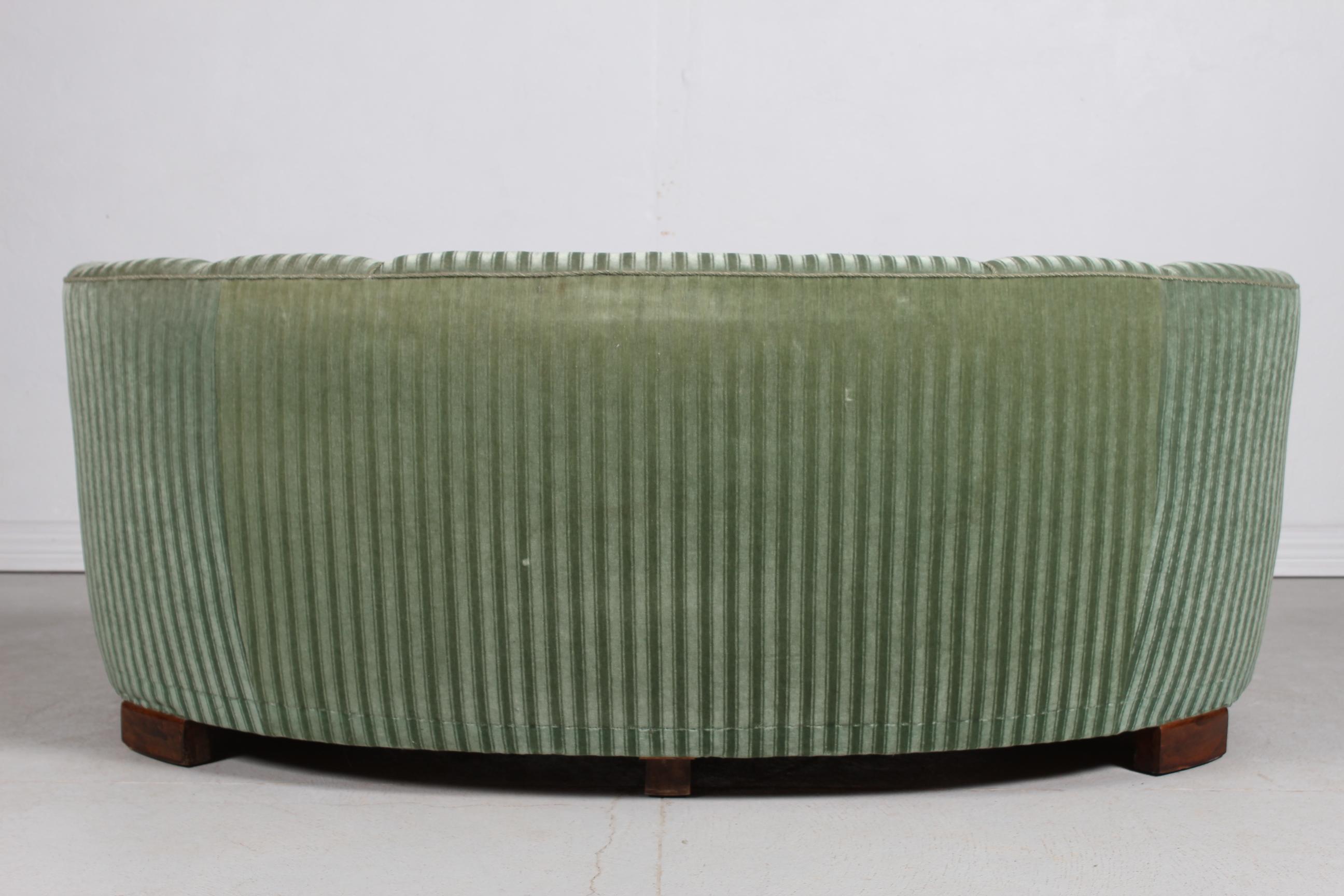 Danish Art Deco Curved Banana Sofa Upholstered with Green Striped Velour, 1940s 4