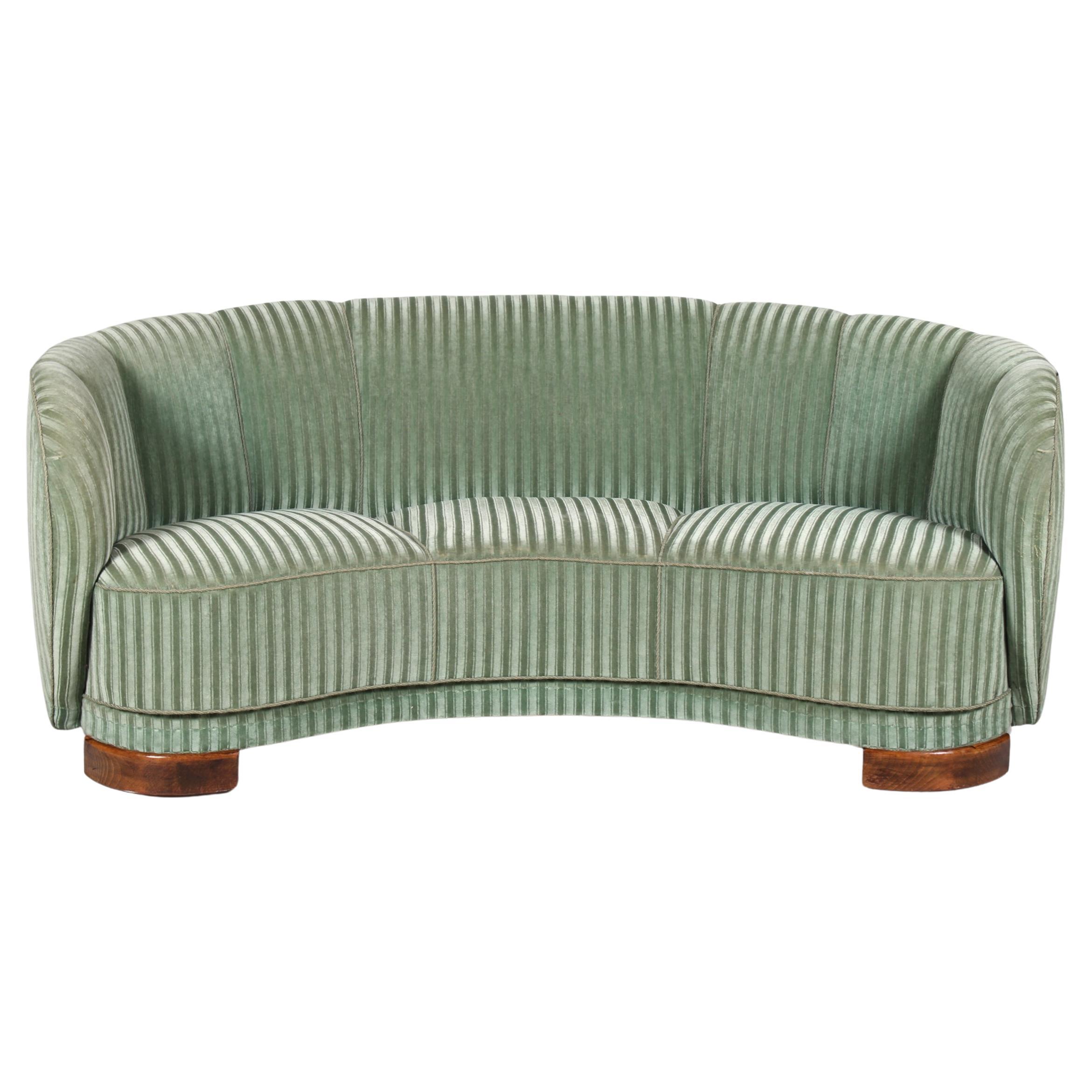 Danish Art Deco Curved Banana Sofa Upholstered with Green Striped Velour, 1940s
