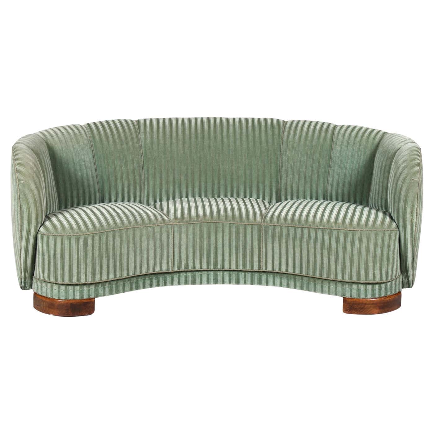Danish Art Deco Curved Banana Sofa Upholstered With Green Striped danish-art-deco-curved-banana-sofa-upholstered-with-green-striped