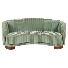 Vintage Danish Art Deco Curved Banana Sofa Upholstered with Green Striped Velour, 1940s