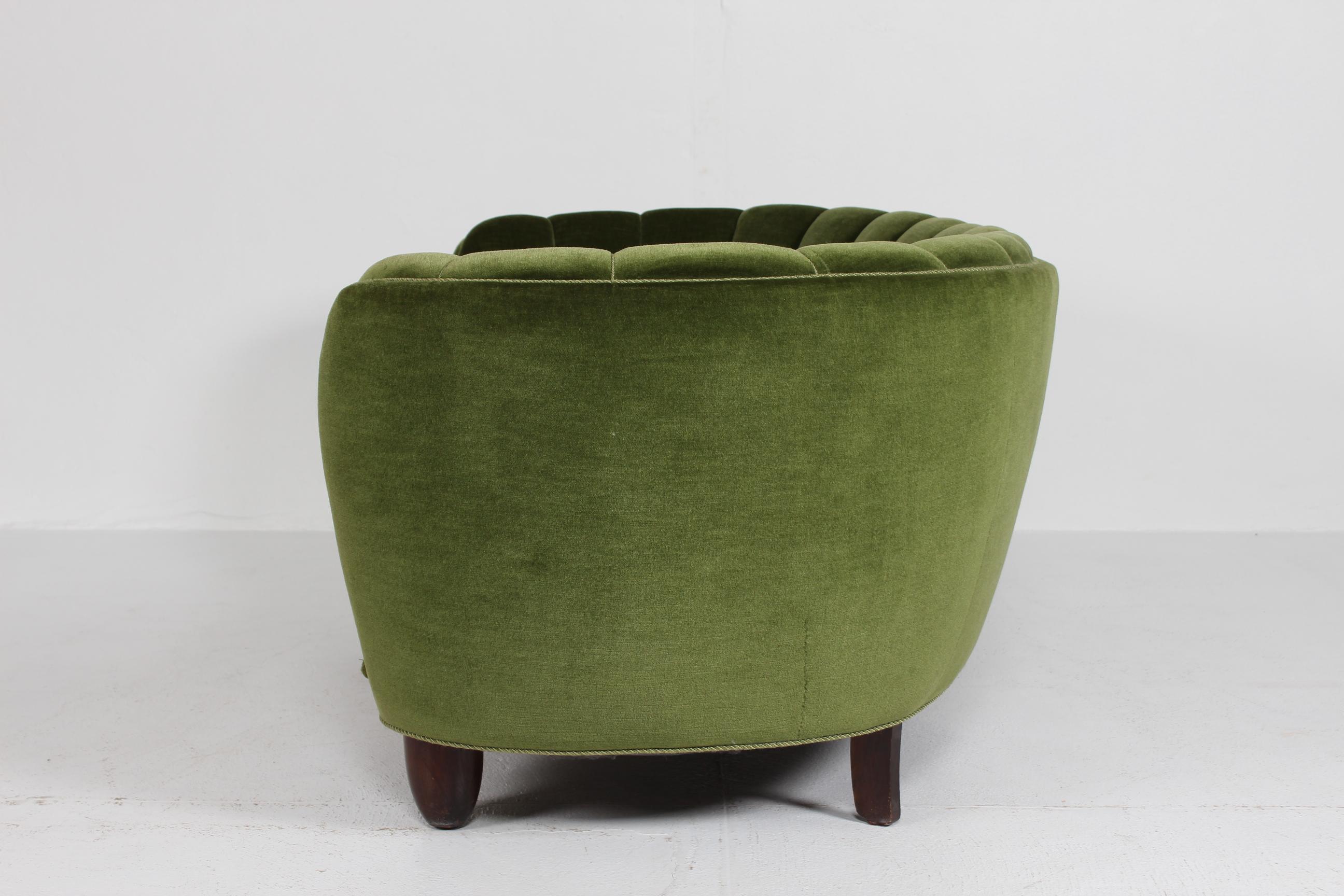 Fabric Danish Art Deco Curved Banana Sofa Upholstered with Dark Green Velvet, 1940s
