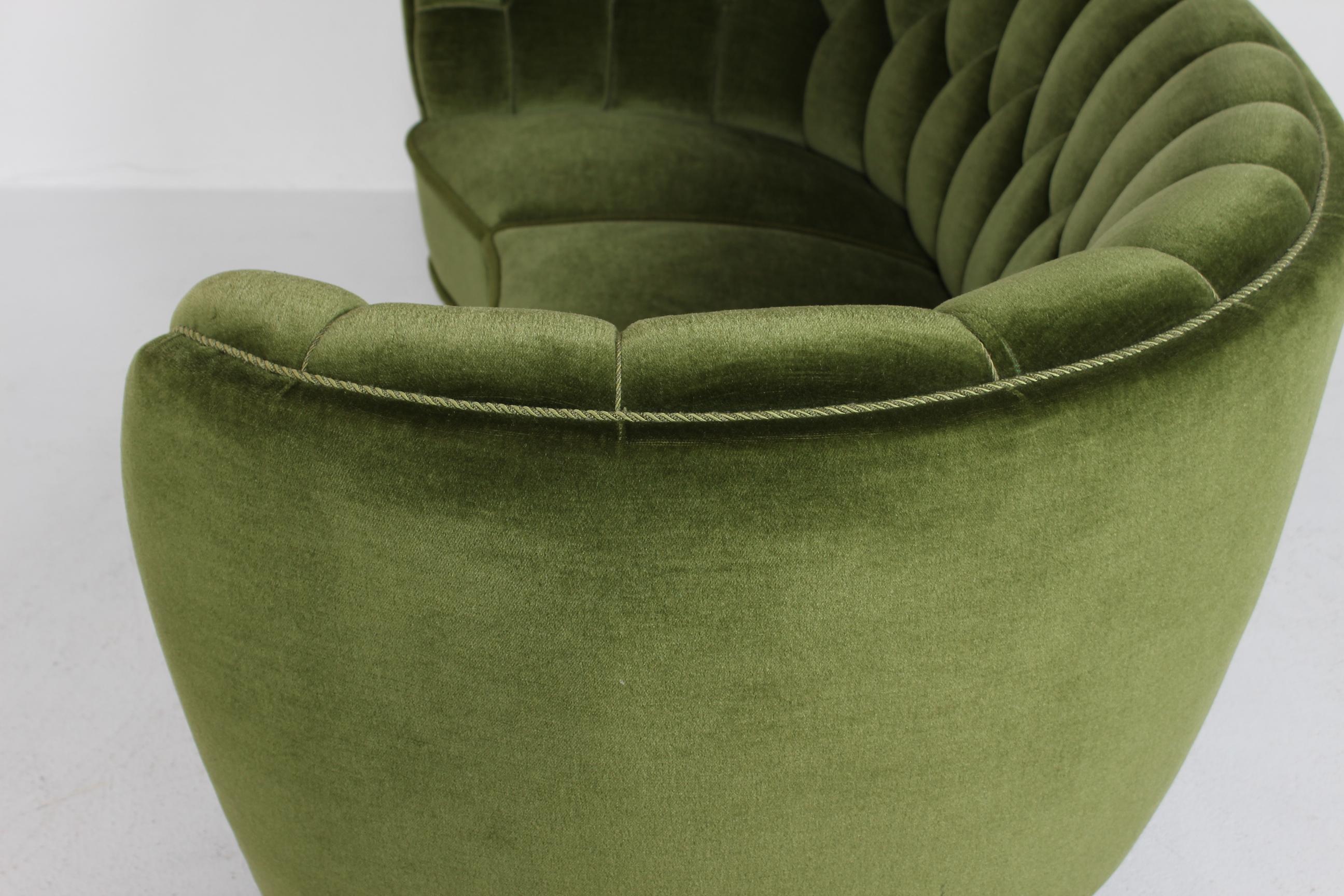 Danish Art Deco Curved Banana Sofa Upholstered with Dark Green Velvet, 1940s 1