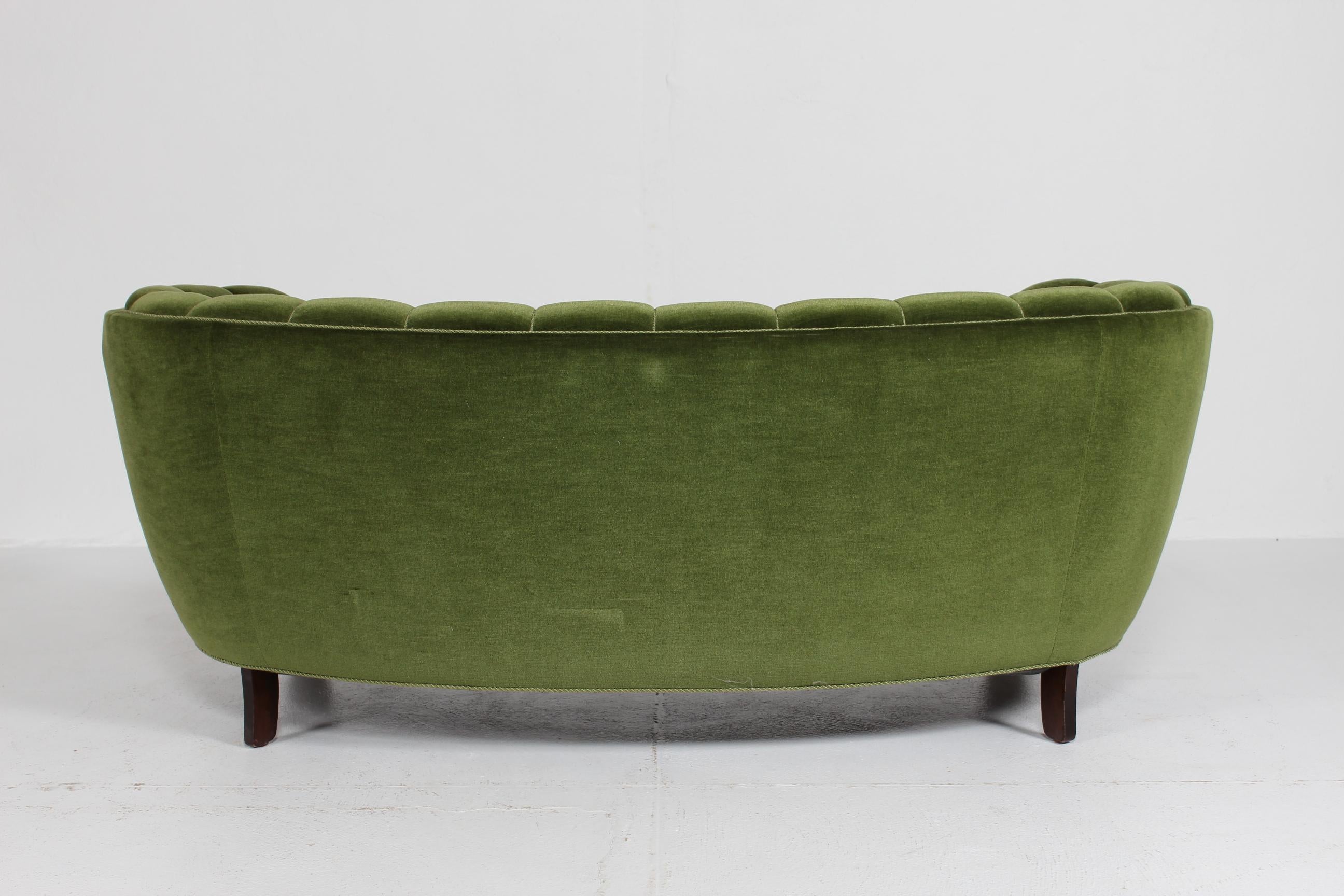 Danish Art Deco Curved Banana Sofa Upholstered with Dark Green Velvet, 1940s 2