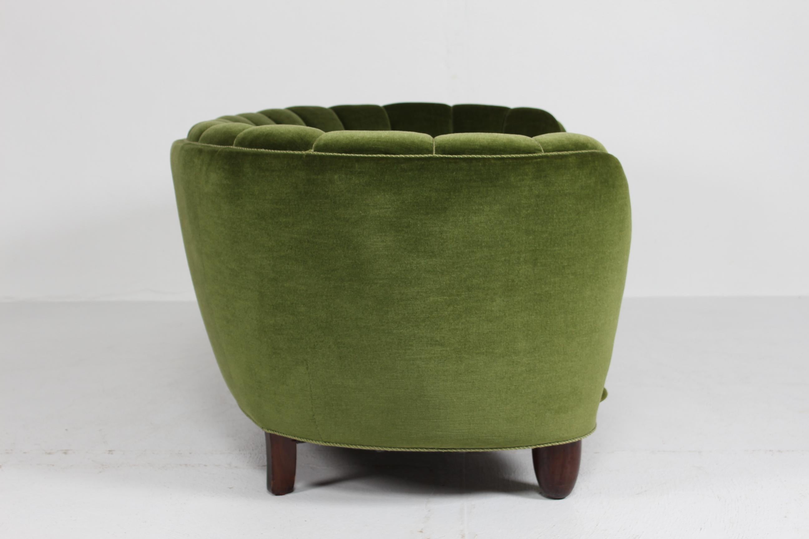 Danish Art Deco Curved Banana Sofa Upholstered with Dark Green Velvet, 1940s 3