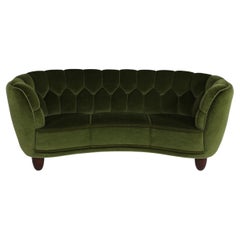Danish Art Deco Curved Banana Sofa Upholstered with Dark Green Velvet, 1940s