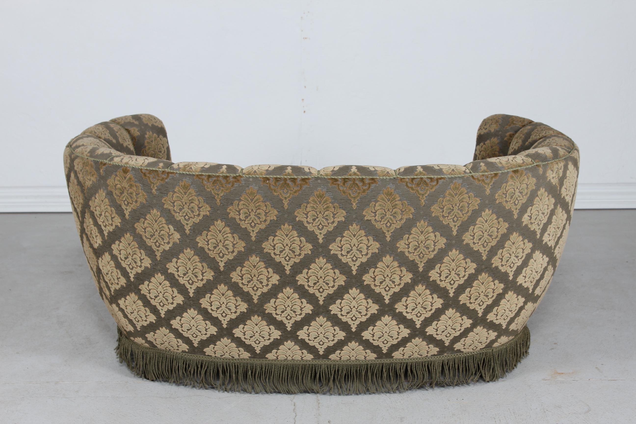 Mid-20th Century Danish Art Deco Curved Sofa Couch Green Floral Velour Velvet Upholstery, 1950s For Sale