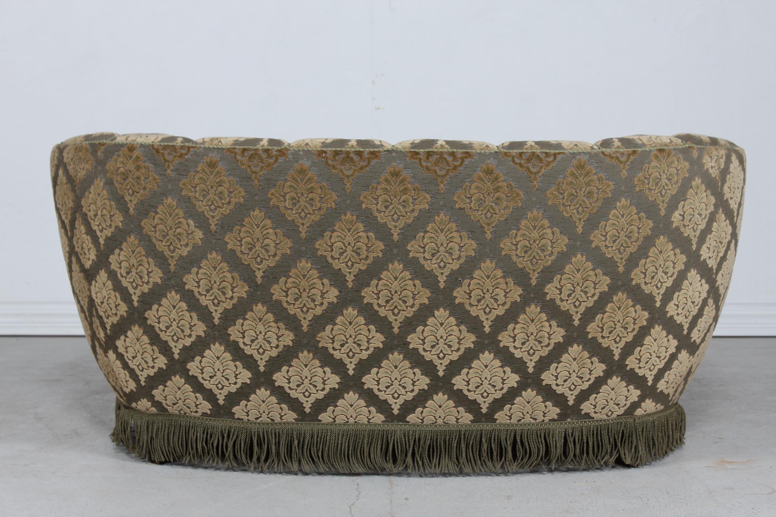 Fabric Danish Art Deco Curved Sofa Couch Green Floral Velour Velvet Upholstery, 1950s For Sale