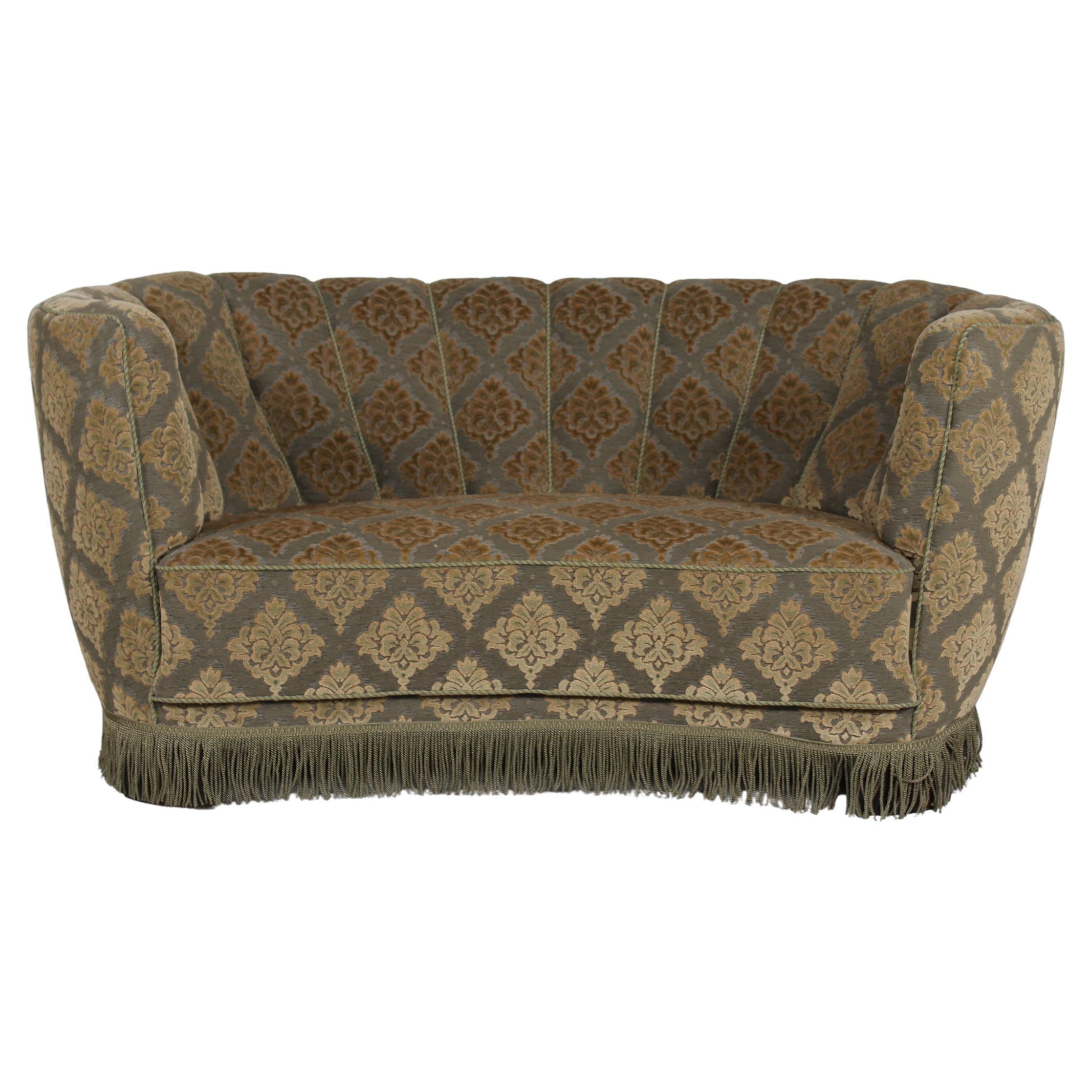 Danish Art Deco Curved Sofa Couch Green Floral Velour Velvet Upholstery, 1950s For Sale