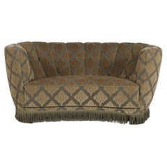 Danish Art Deco Curved Sofa Couch Green Floral Velour Velvet Upholstery, 1950s