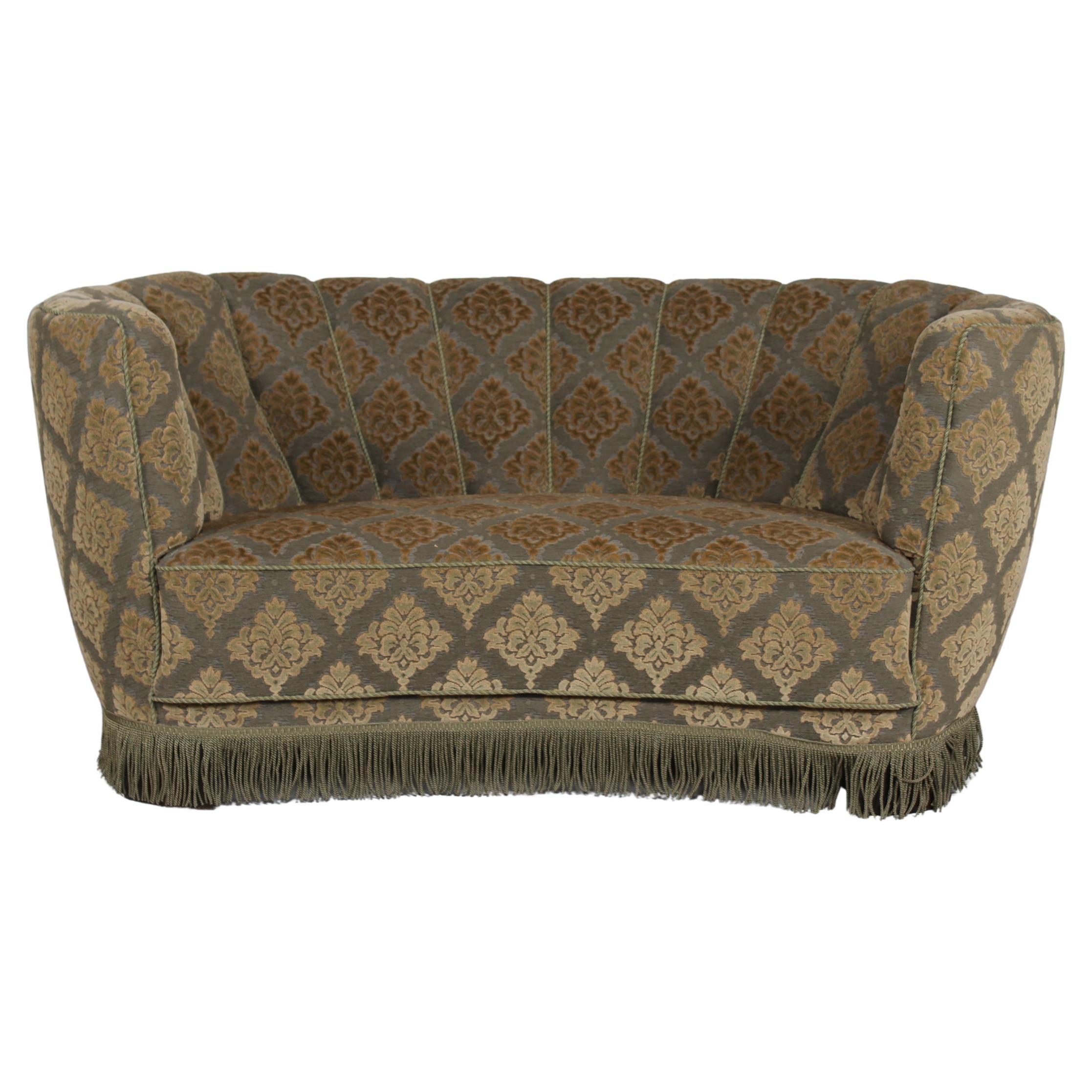 Danish Art Deco Curved Sofa Couch Green Floral Velour Velvet Upholstery, 1950s