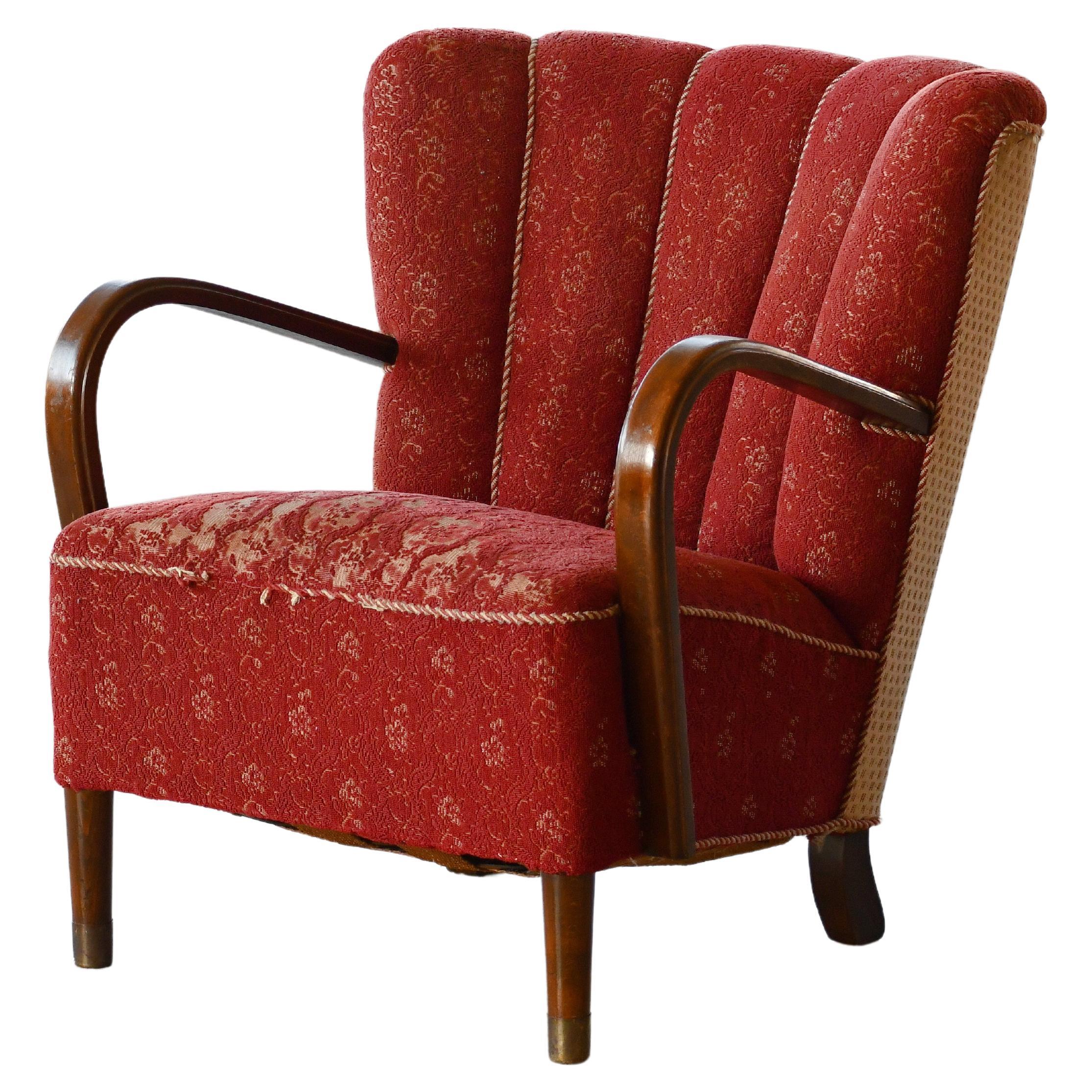 Danish Art Deco Easy Chair with Open Armrests in Mahogany and Scalloped Back For Sale
