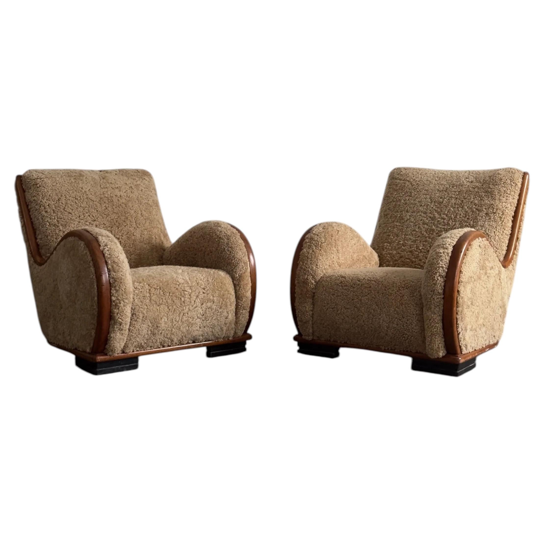 Danish Art Deco Easy Chairs in Sheepskin, Pair, c. 1940