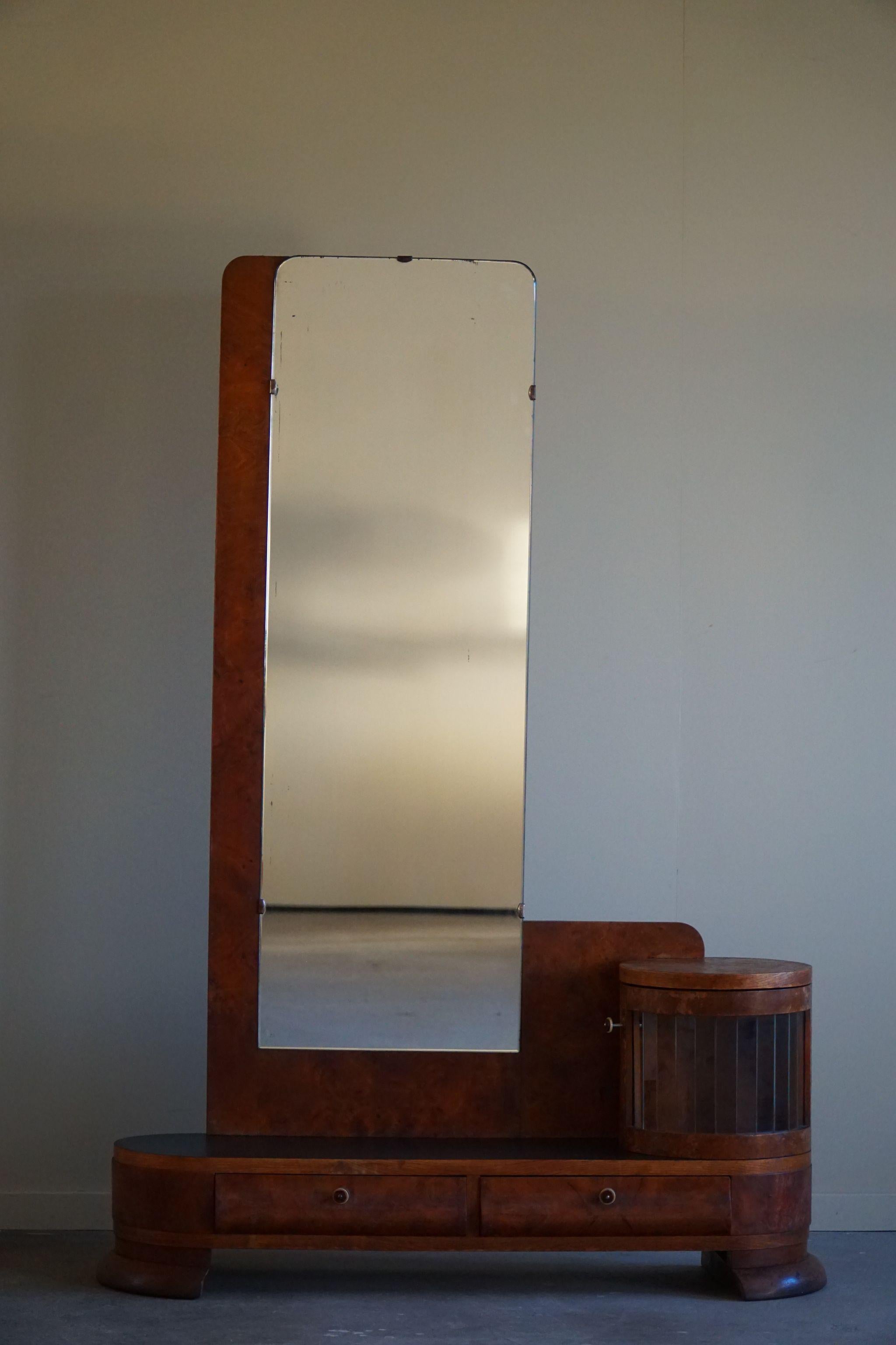 Glass Danish Art Deco, Entry Console in Walnut with Mirror, Early 20th Century For Sale