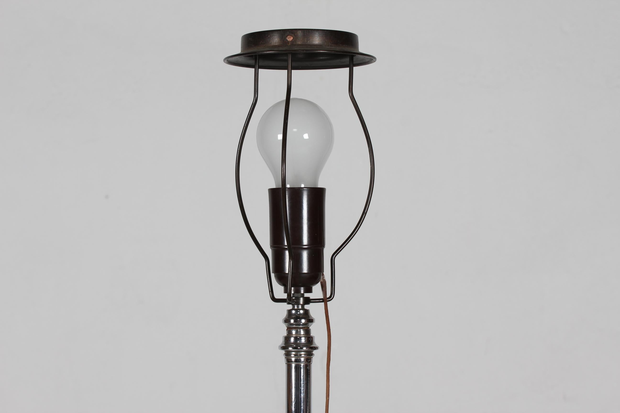 Danish Art Deco Floor Lamp 1930s of Crome Metal and Dark Wood with New Shade For Sale 3