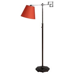 Antique Danish Art Deco Floor Lamp 1930s of Dark Brown Bras with New Orange Red Shade