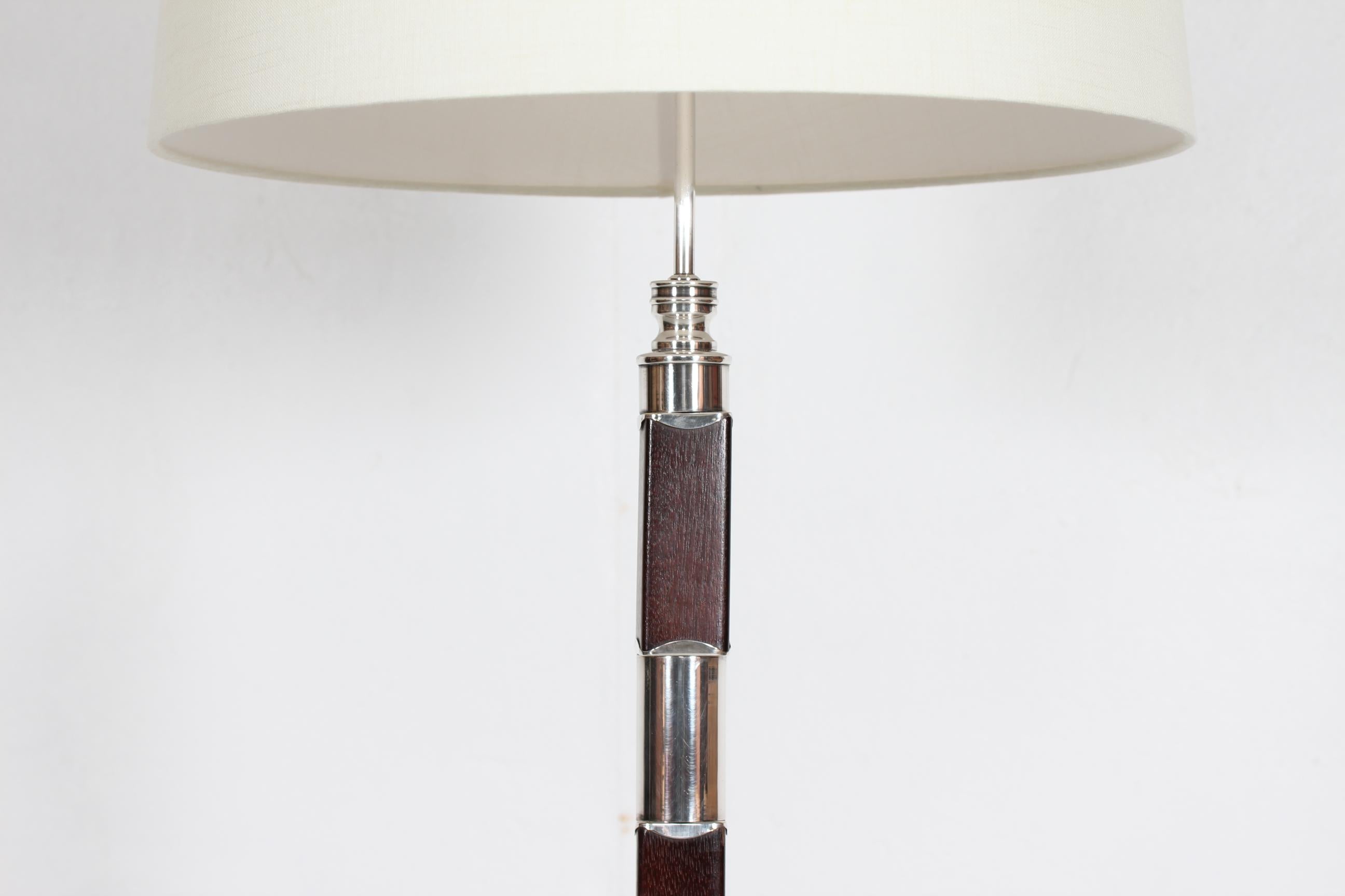Woven Danish Art Deco Floor Lamp 1940s Silver and Dark Mahogany with New Shade 1940s For Sale