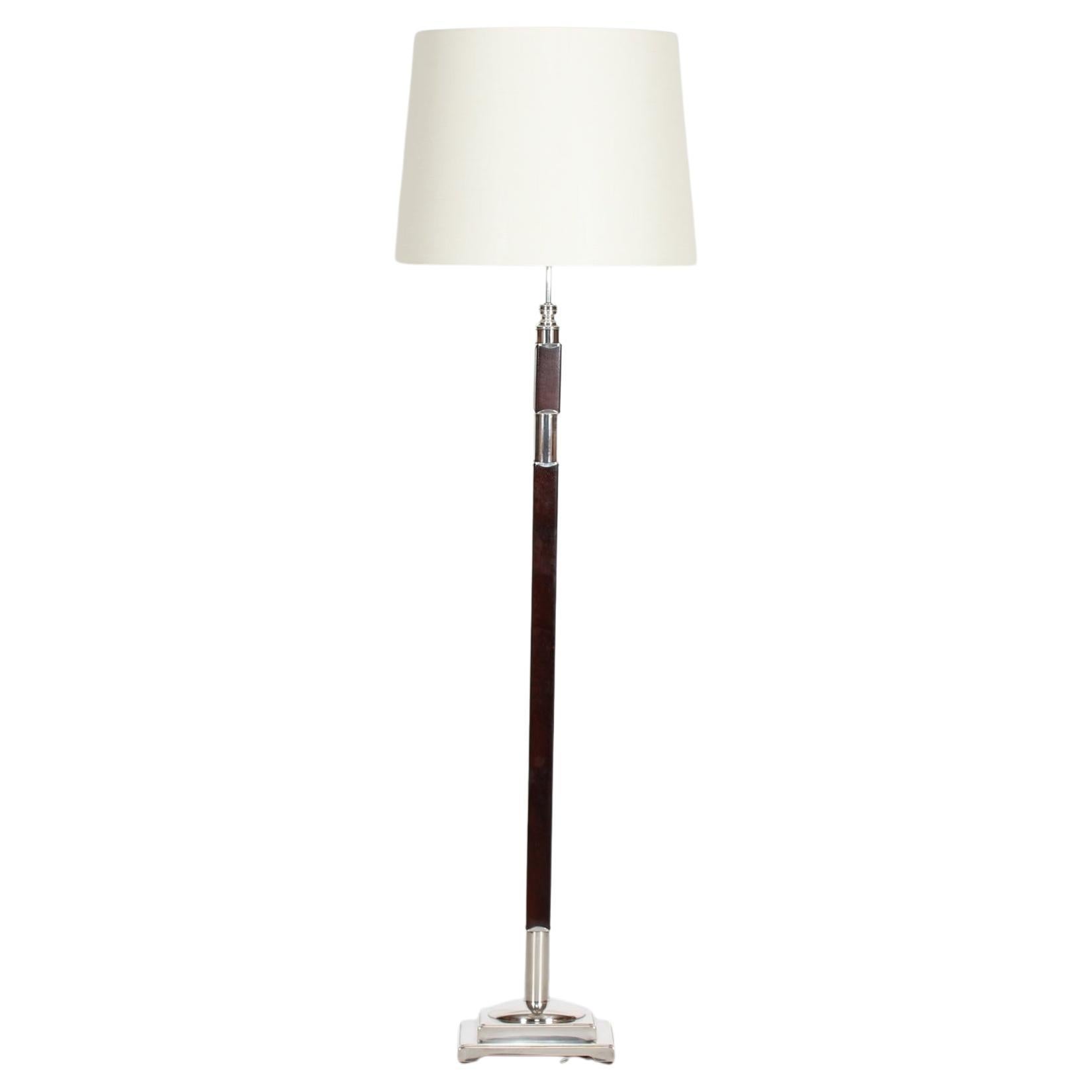 Danish Art Deco Floor Lamp 1940s Silver and Dark Mahogany with New Shade 1940s For Sale
