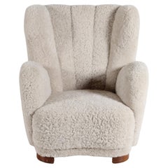 Danish Art Deco Fritz Hansen Style Large Lounge Chair with Sheepskin 1930s