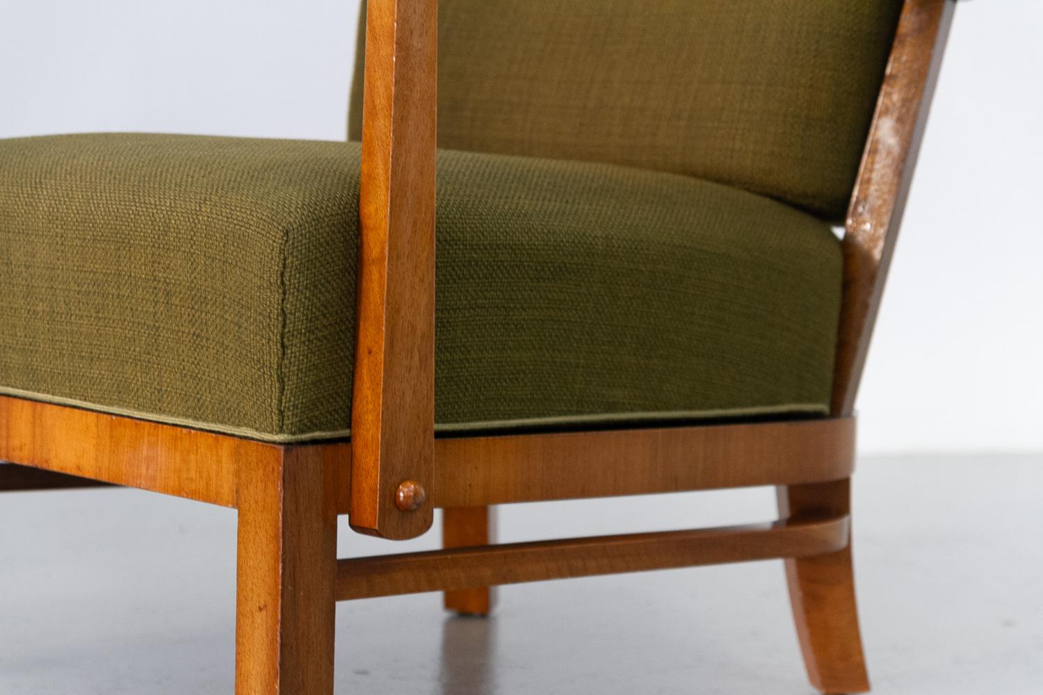 Walnut Danish Art Deco Green Lounge Chair, 1930s.