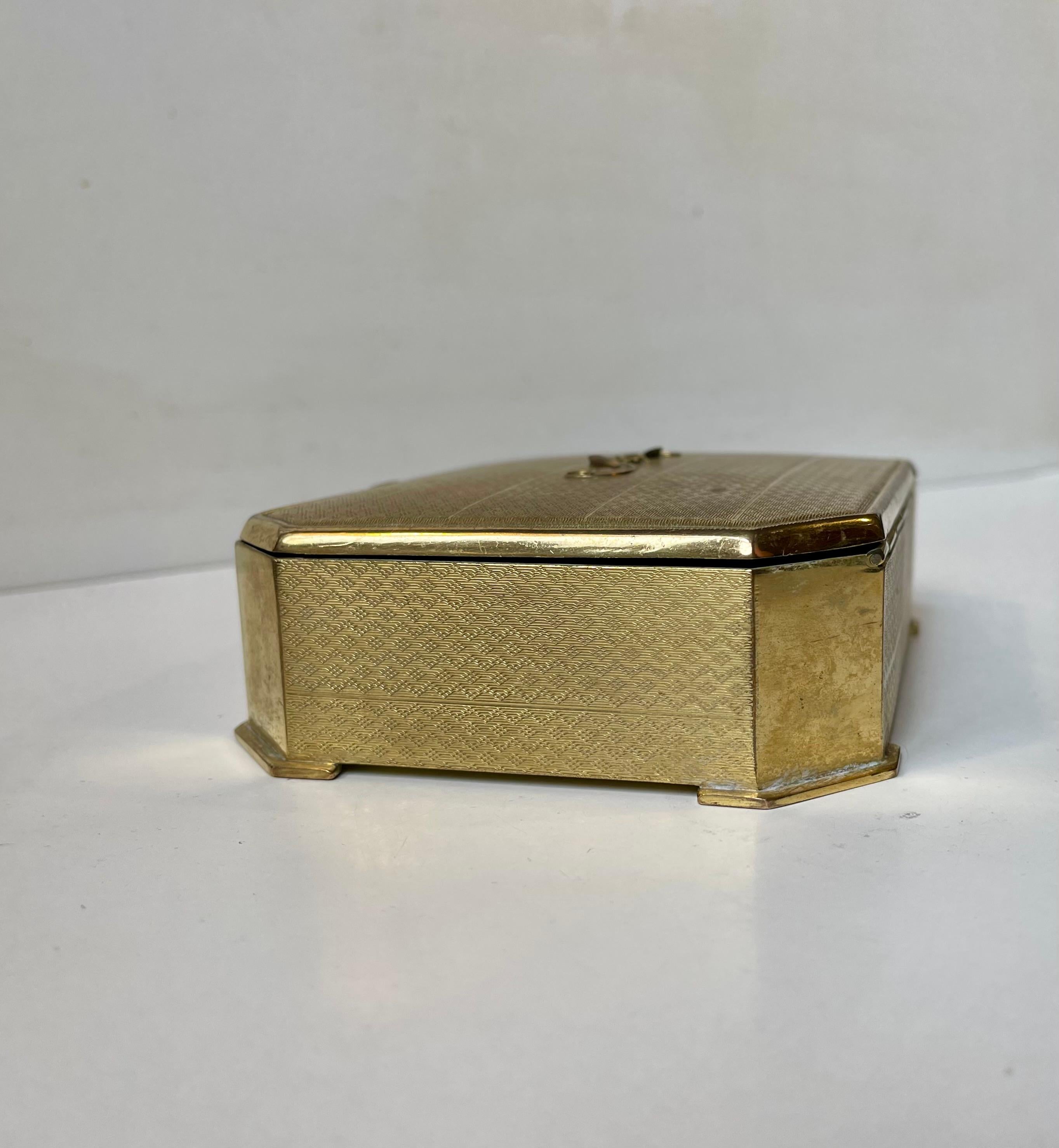 Engraved Danish Art Deco Guilloche Jewelry Box in Gilt Bronze, 1930s For Sale