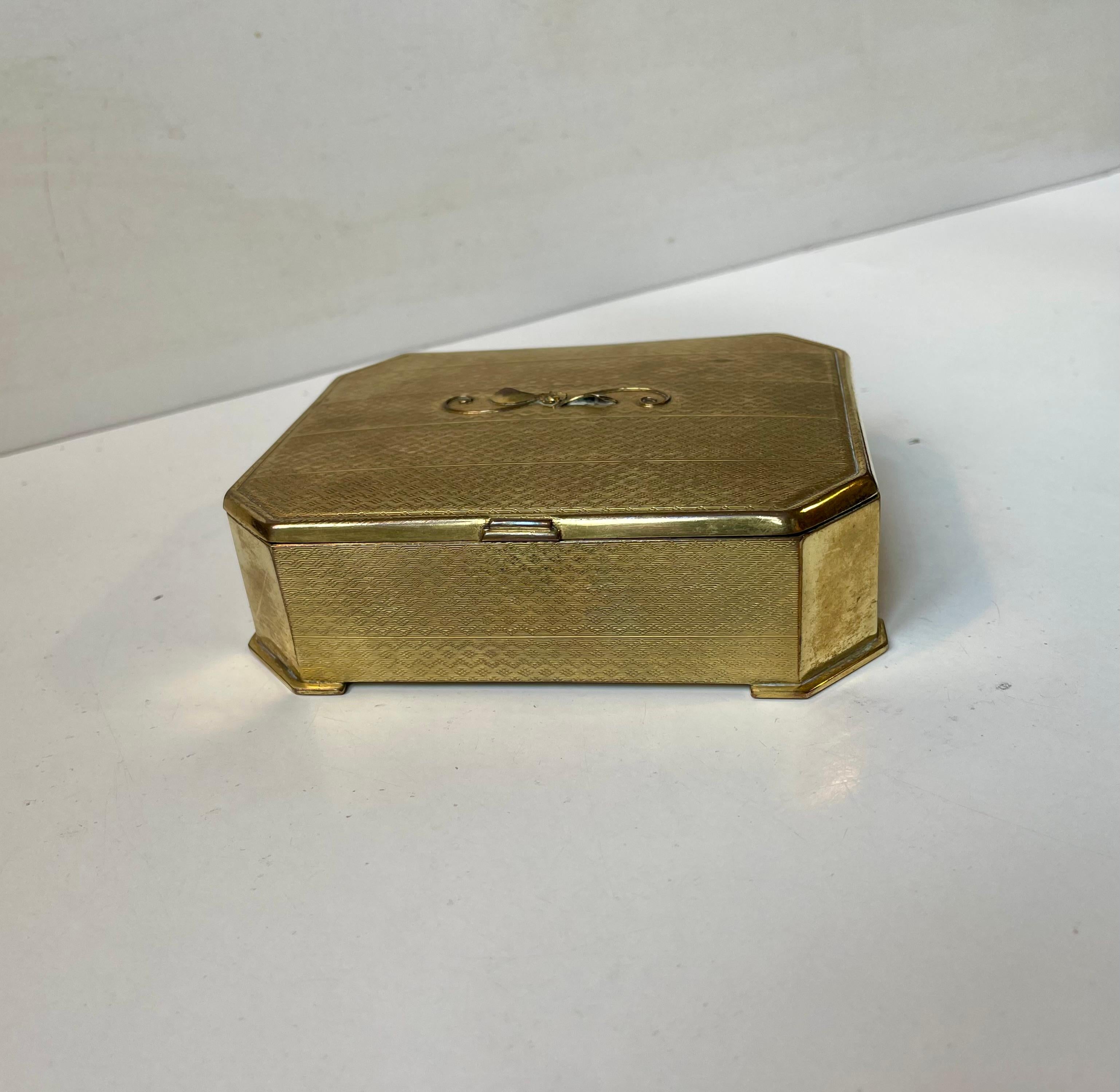 Gold Plate Danish Art Deco Guilloche Jewelry Box in Gilt Bronze, 1930s For Sale