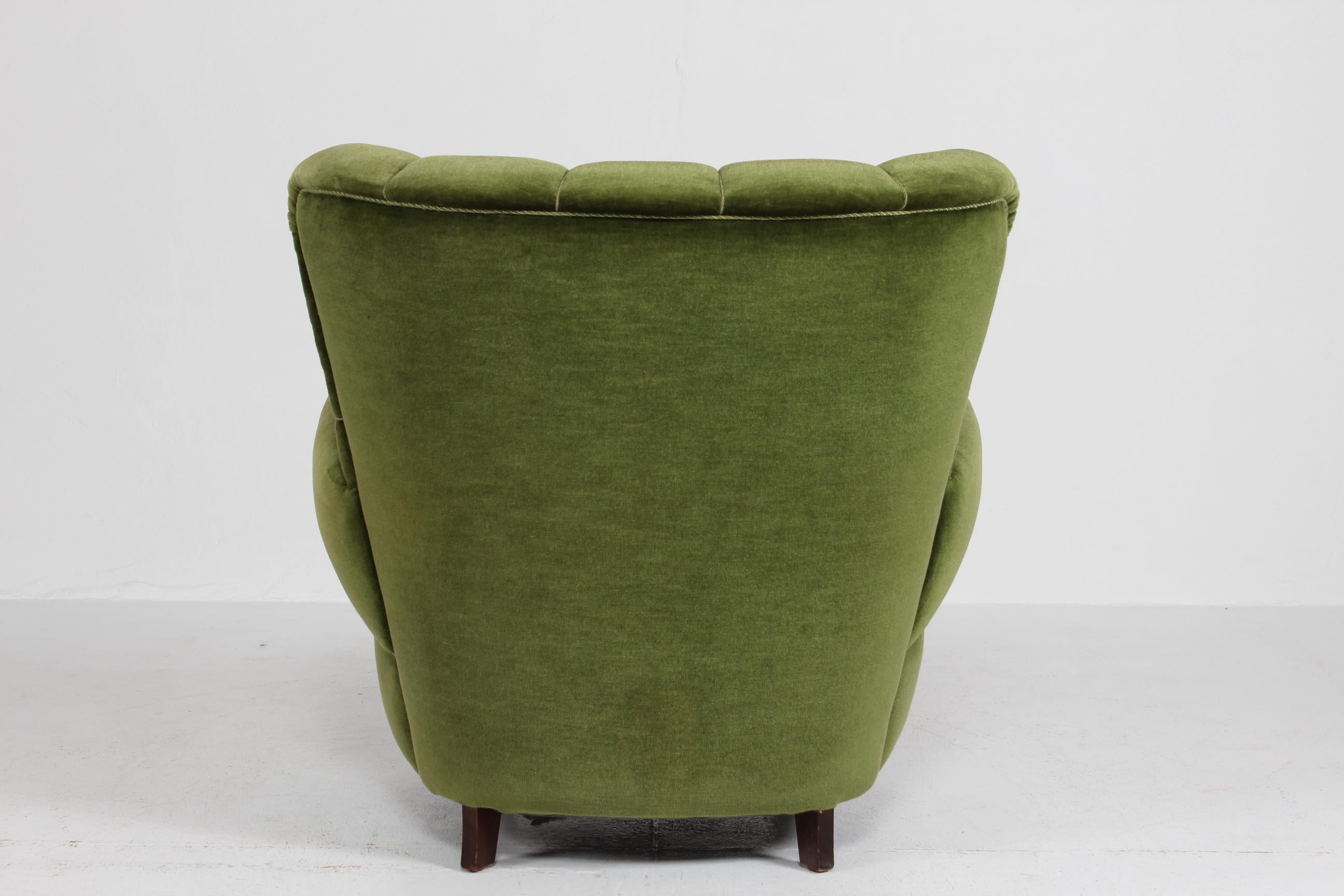 Fabric Danish Art Deco High Back Lounge Chair Upholstered with Dark Green Velvet, 1940s For Sale