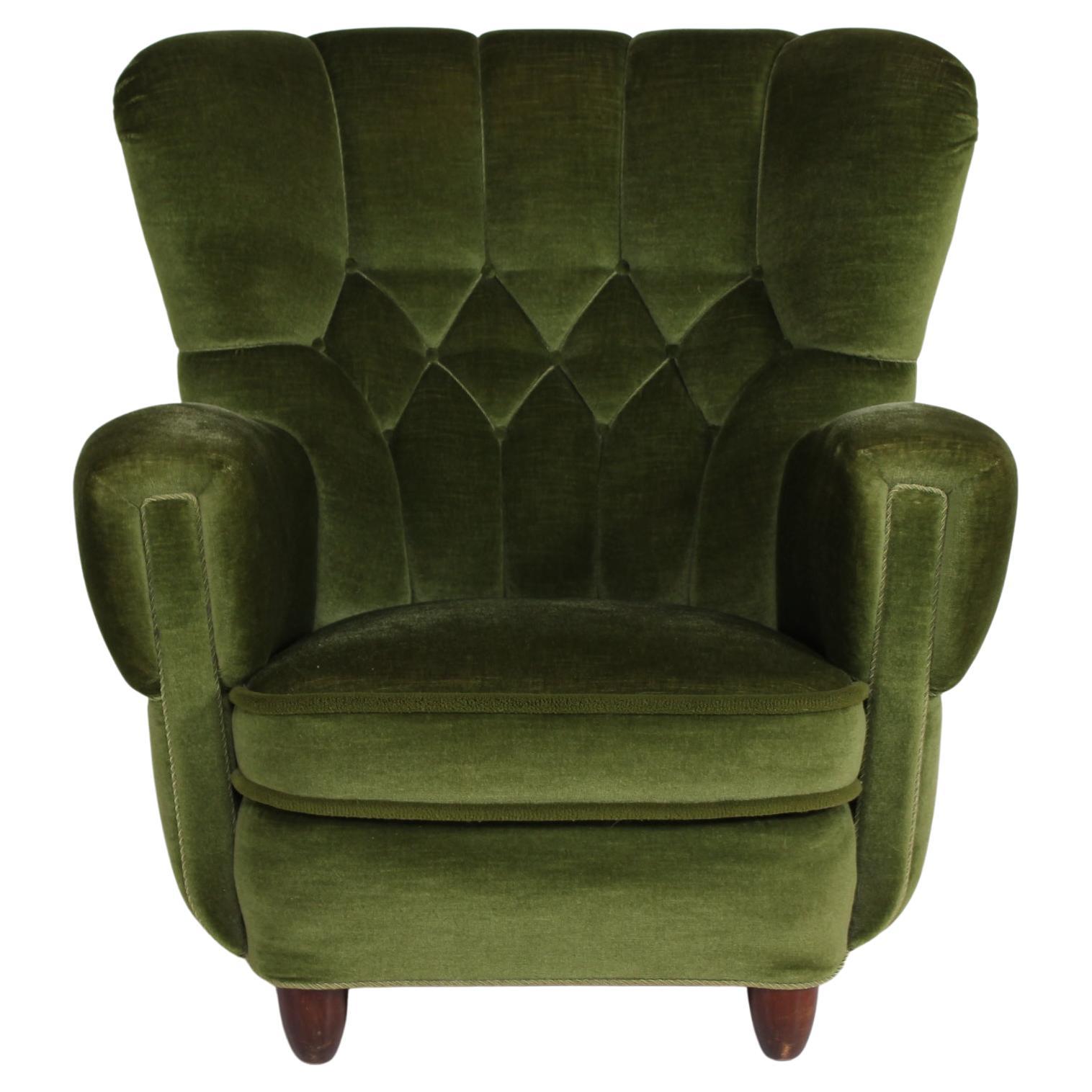 Danish Art Deco High Back Lounge Chair Upholstered with Dark Green Velvet, 1940s