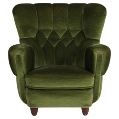 Dänischer Art-Déco-Loungesessel mit hoher Rückenlehne, gepolstert mit dunkelgrünem Samt, 1940er Jahre
