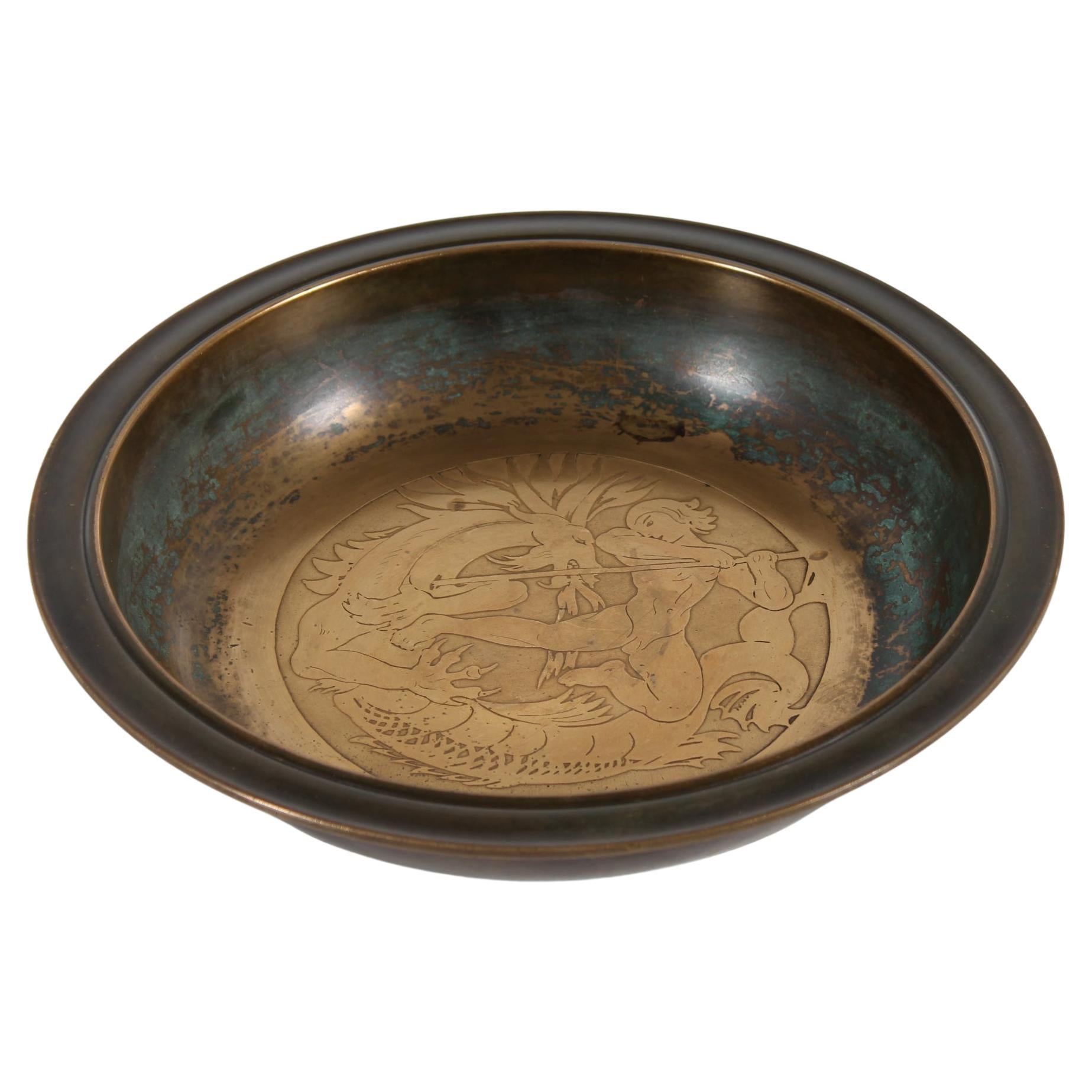 Danish Art Deco Just Andersen Large Bowl of Bronze with Incised Decoration 1930s For Sale