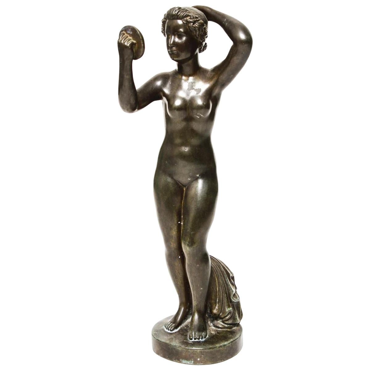 Danish Art Deco Just Andersen Nude Bronze Female Statue Holding Mirror