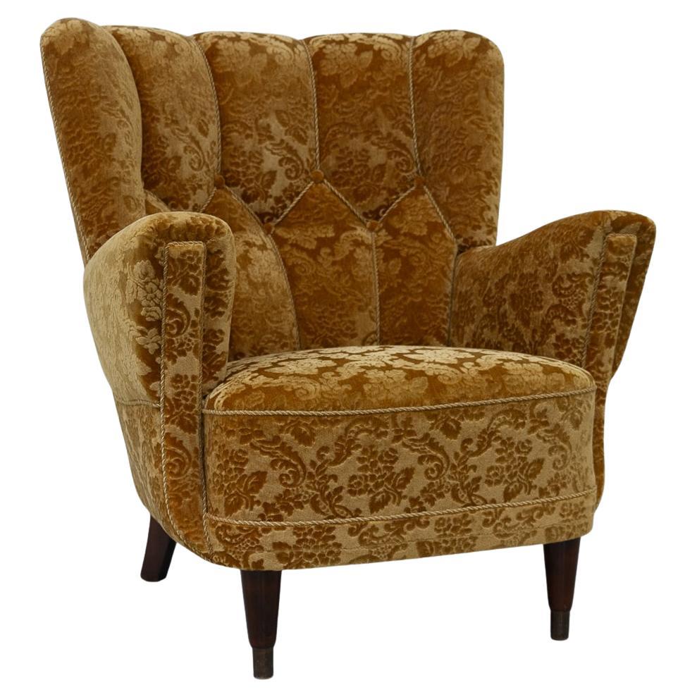 Danish Art Deco Lounge Chair in Golden Yellow Velvet, 1940s.